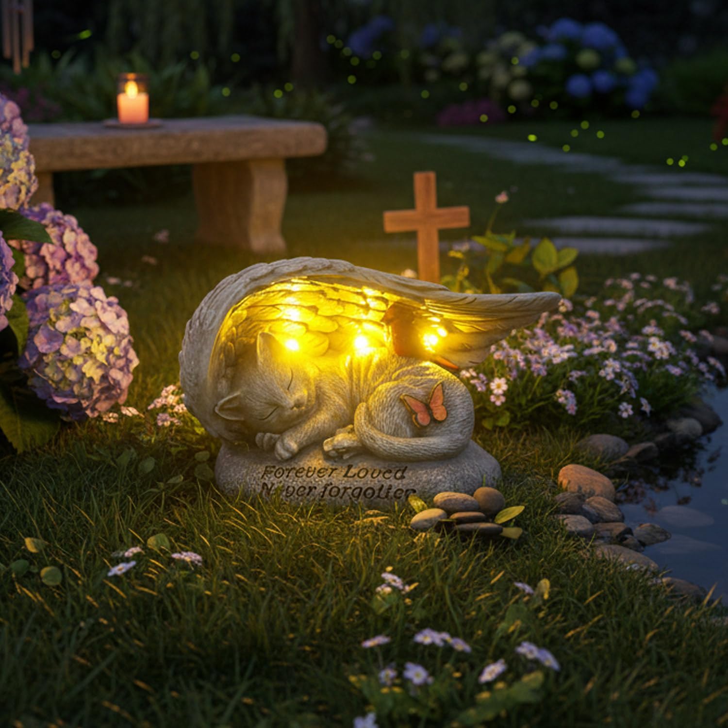 Cat Memorial Stones with Solar Angel Wing Cardinal Butterfly 8 Inch, Sleeping Cat Grave Markers Outdoor Waterproof Pet Loss Sympathy Gift for Garden or Tombstone Statue