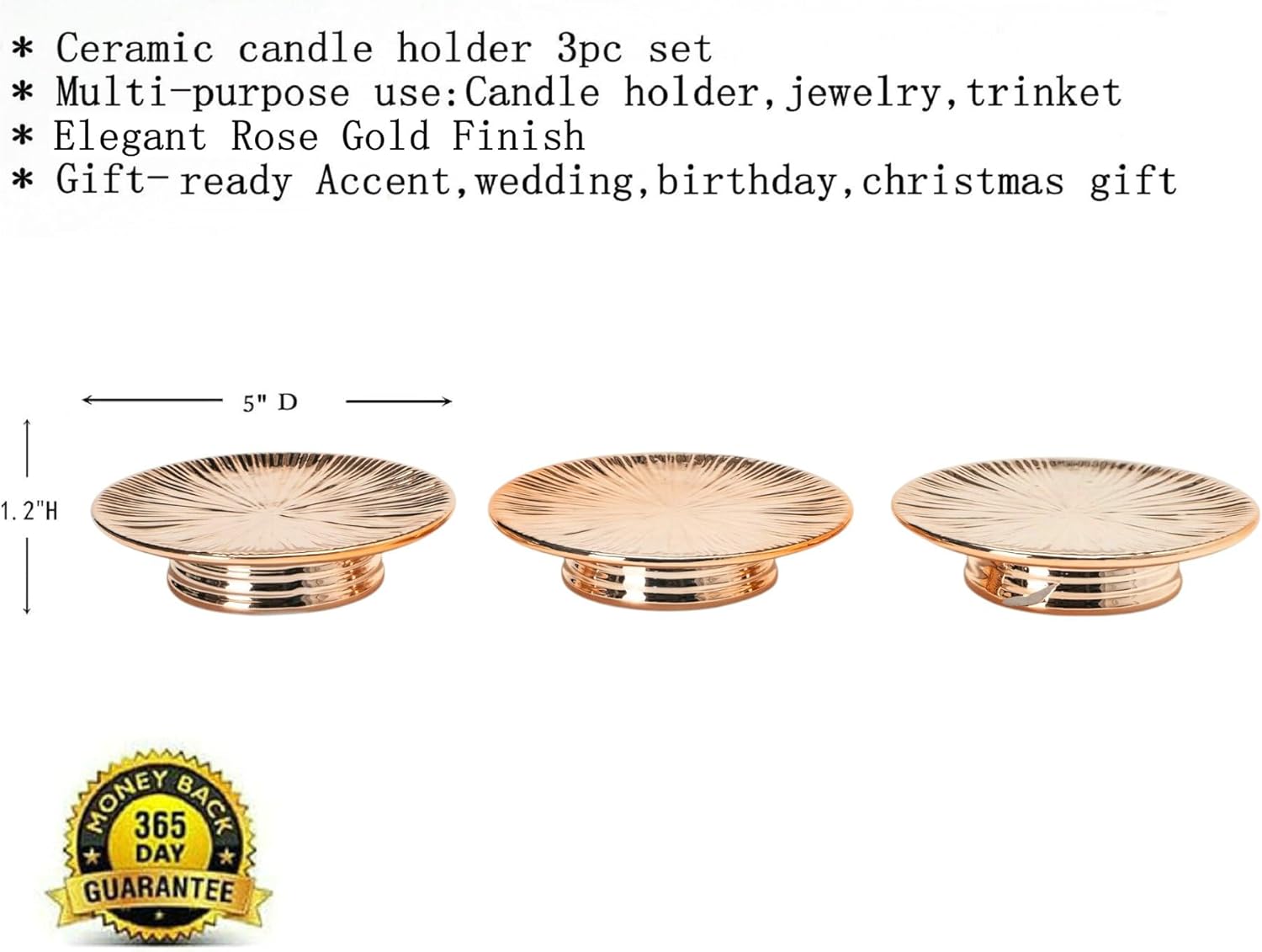 ADAVAS.Y&G Ceramic Rose Gold Candle Plate Set, 3-Piece – Decorative Candle Holder Tray for Pillar Candles, Jewelry, Trinkets or Bathroom Counter – Elegant Rose Gold Finish for Tabletop & Home Décor