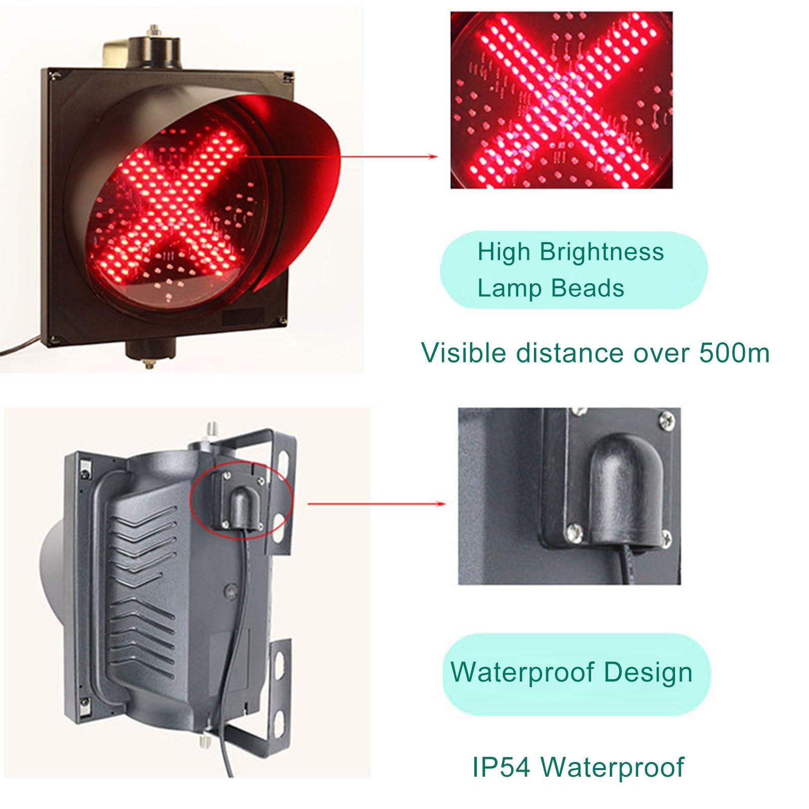 Sygnalizator Świetlny Stop 300 Mm, Czerwono-zielony, Przemysłowy, Led Z Przyciskiem Sterującym, Ostrzegawczy, X/strzałka, Z Przewodem 5 M, Ip54, Wodoodporny, Do Użytku Na Drodze, Na Stacji Poboru