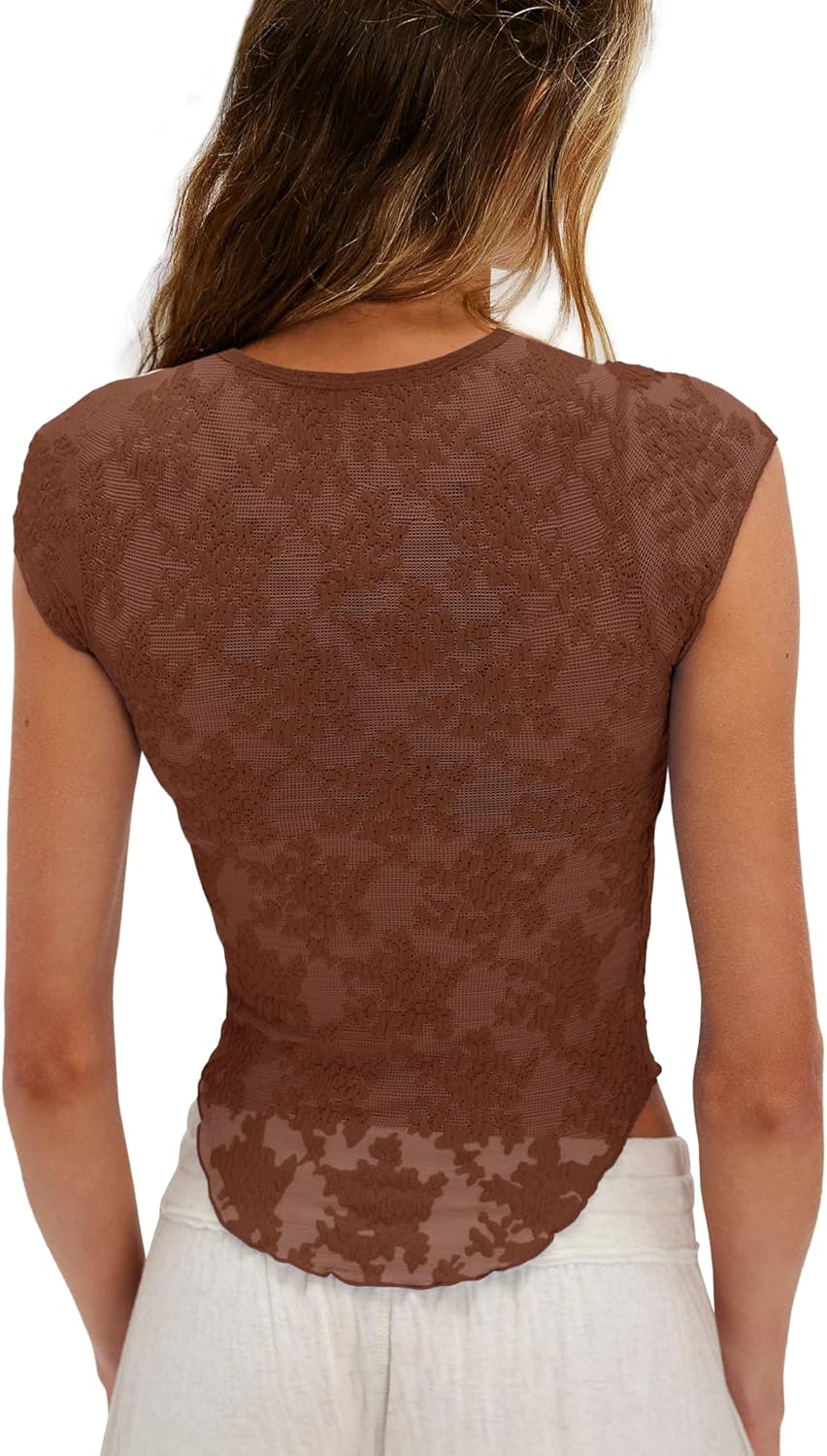 ReachMe Short Sleeve Mesh Top Women Sheer Lace Tops Cap Sleeve See Through Tops Summer Sexy Fitted Slim Fit Shirts - Image 3