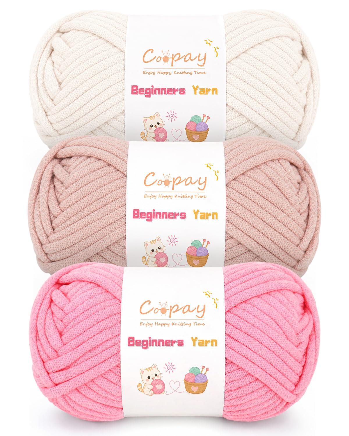 Coopay 3x100g Chunky Cotton Yarn, Chunky Crochet Yarn for Beginners-Pink