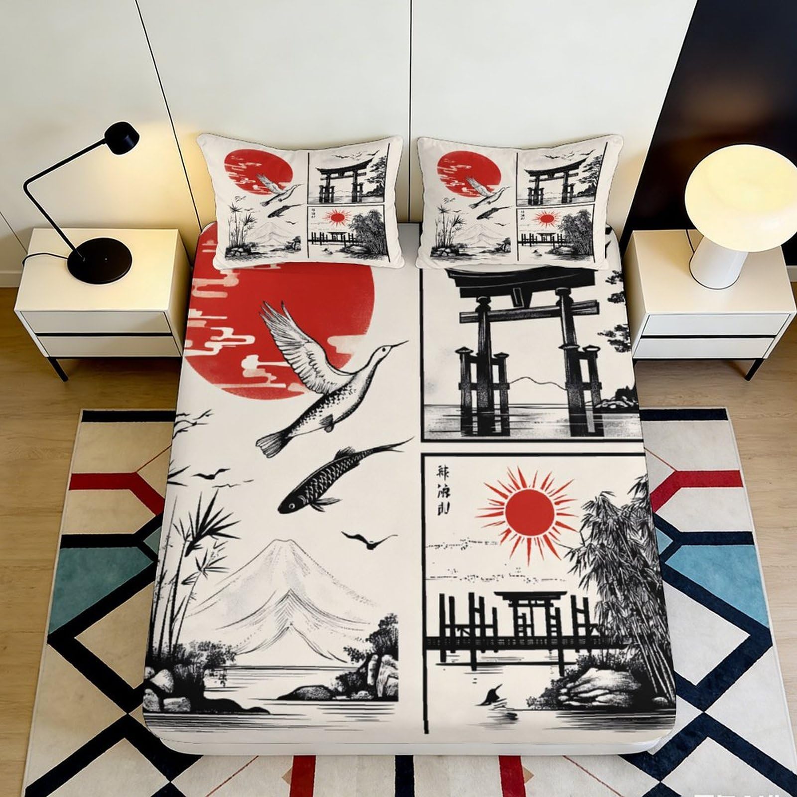 3D Printed Japanese Torii Fitted Sheet Microfiber Black Red Sun Crane Mattress Cover for Bedroom Guest Room Decoration 90x200x25cm