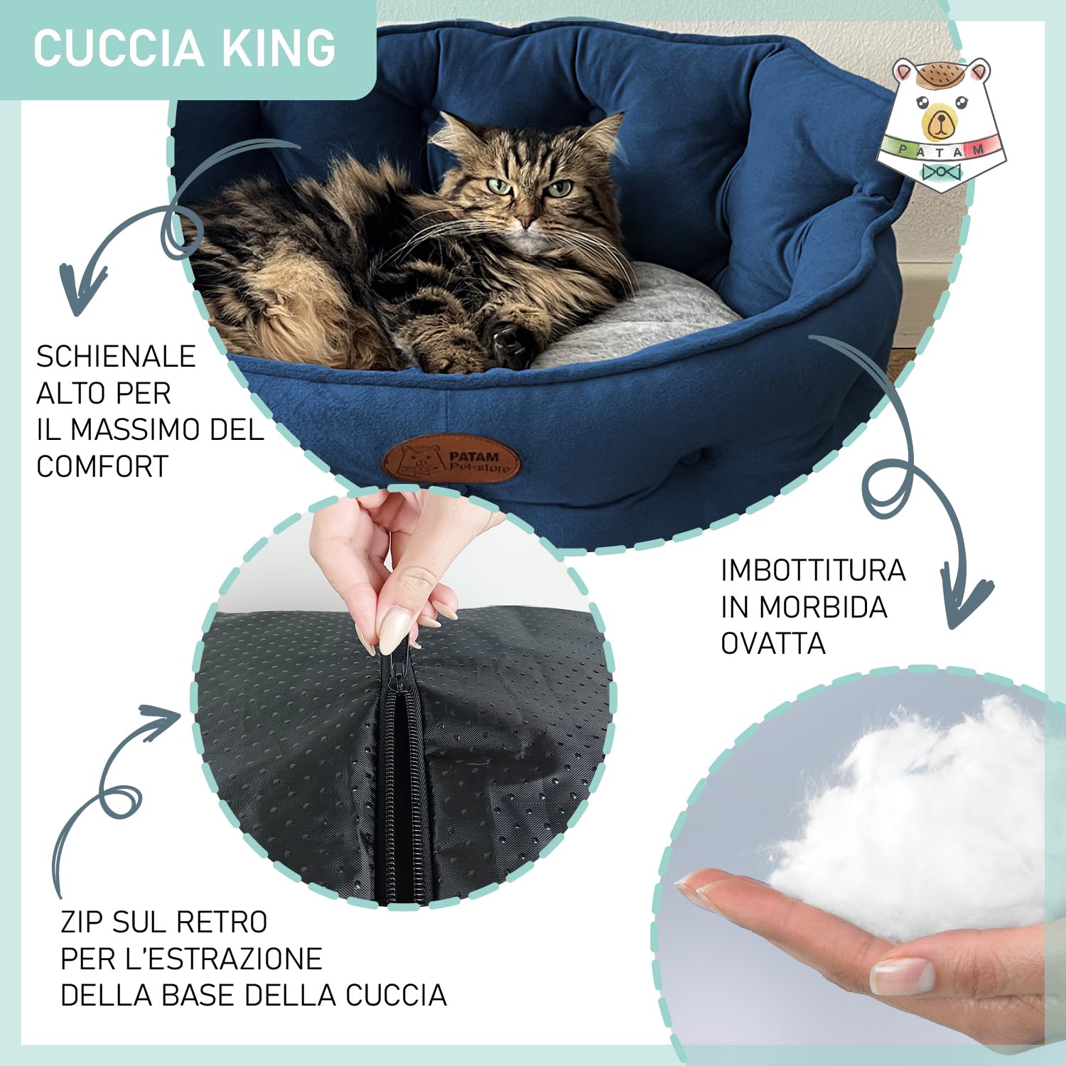 Divanetto per Cani e Gatti, Cuccia da Interno Sfoderabile, Lavabile in Lavatrice, King Blu, Large 68 cm