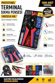 AEE® Terminal Sıkma Pensesi Seti, 0.25-10 mm² Kablo Pensesi, AWG 23-7 Tel Sıkma Aleti, 1200 Adet İzoleli Kablo Yüksük Seti ile Profesyonel Krimp Pensesi