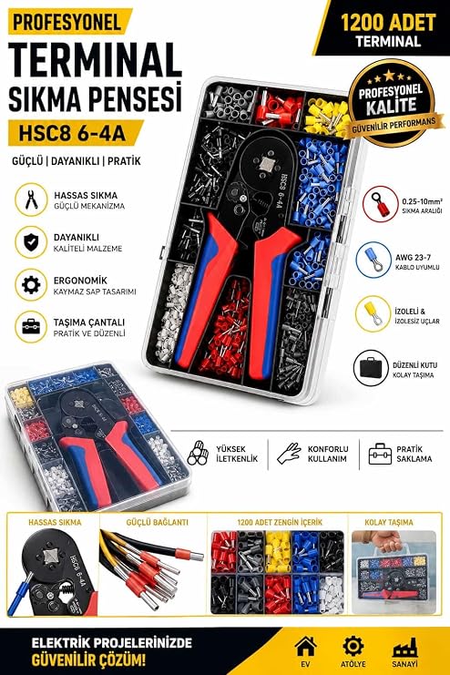 AEE® Terminal Sıkma Pensesi Seti, 0.25-10 mm² Kablo Pensesi, AWG 23-7 Tel Sıkma Aleti, 1200 Adet İzoleli Kablo Yüksük Seti ile Profesyonel Krimp Pensesi
