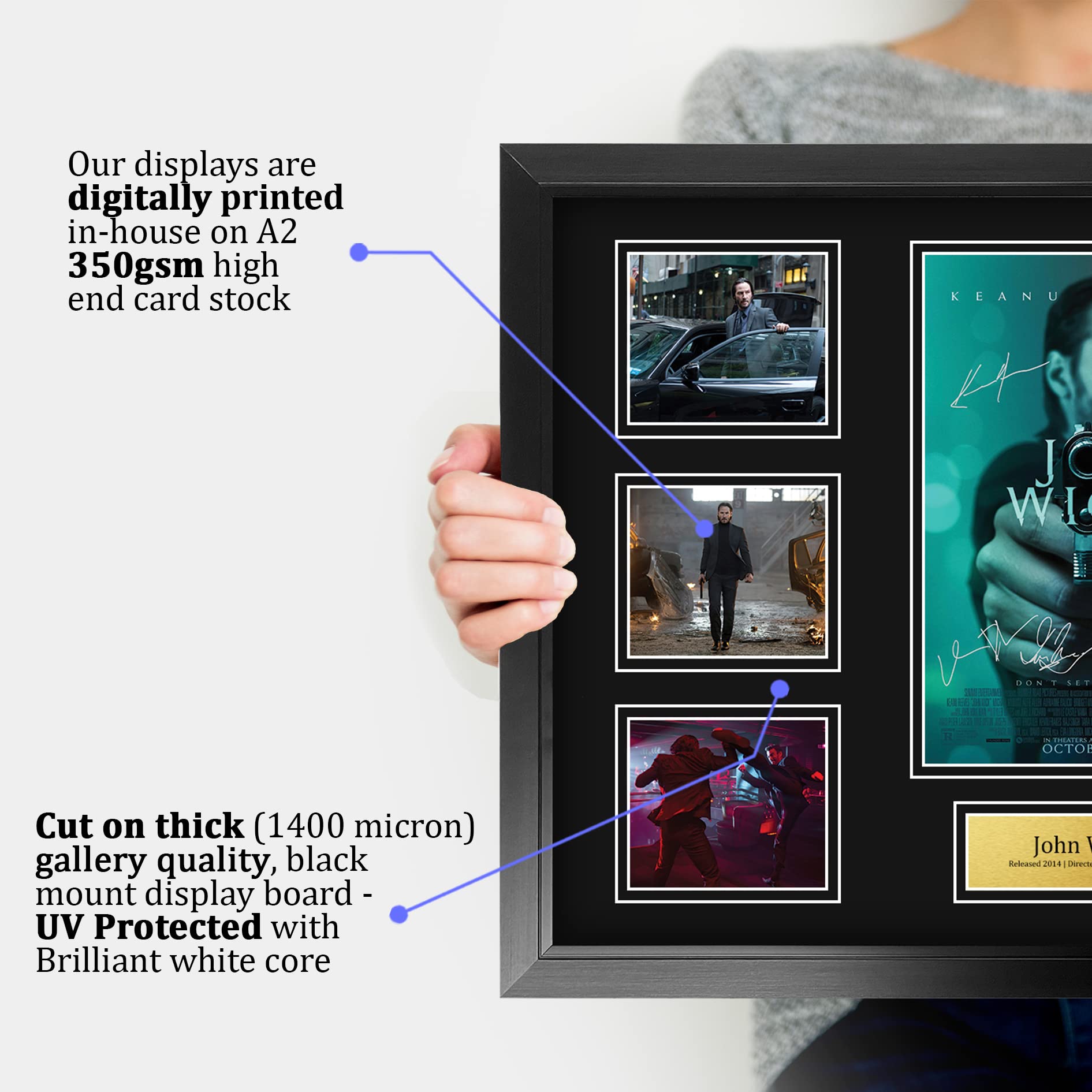 HWC Trading John Wick Cadeaux imprimés autographes signés, Montage d'affichage de présentation pour les fans de cinéma - A2 Encadré