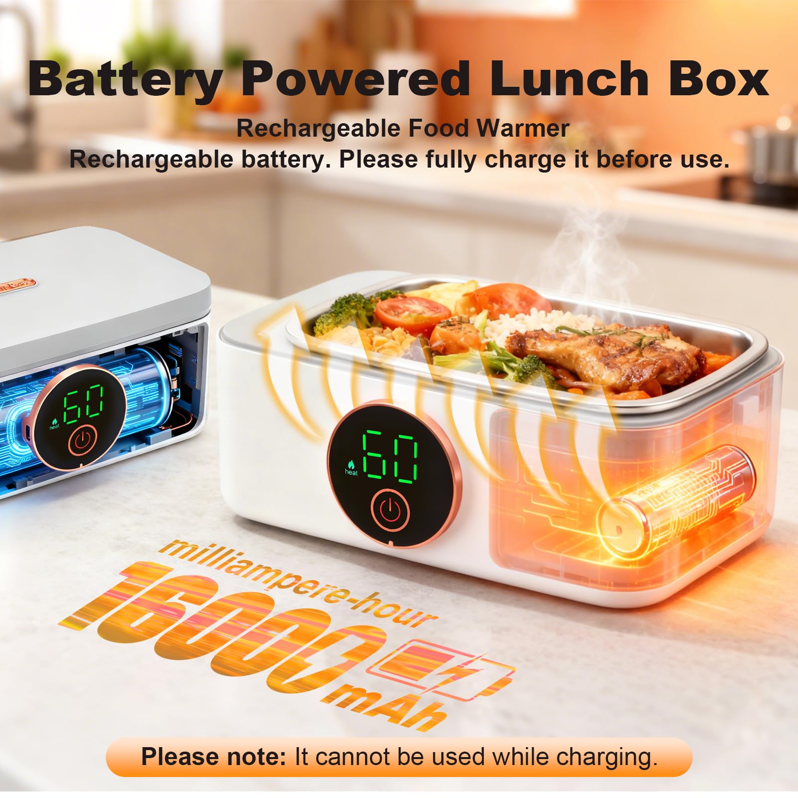 Fiambrera eléctrica con batería 16000mAh 1L Fiambrera calefacción inalámbrica para adultos función de calentamiento automático, Fiambrera calefacción por USB, Contenedor interior de acero inoxidable