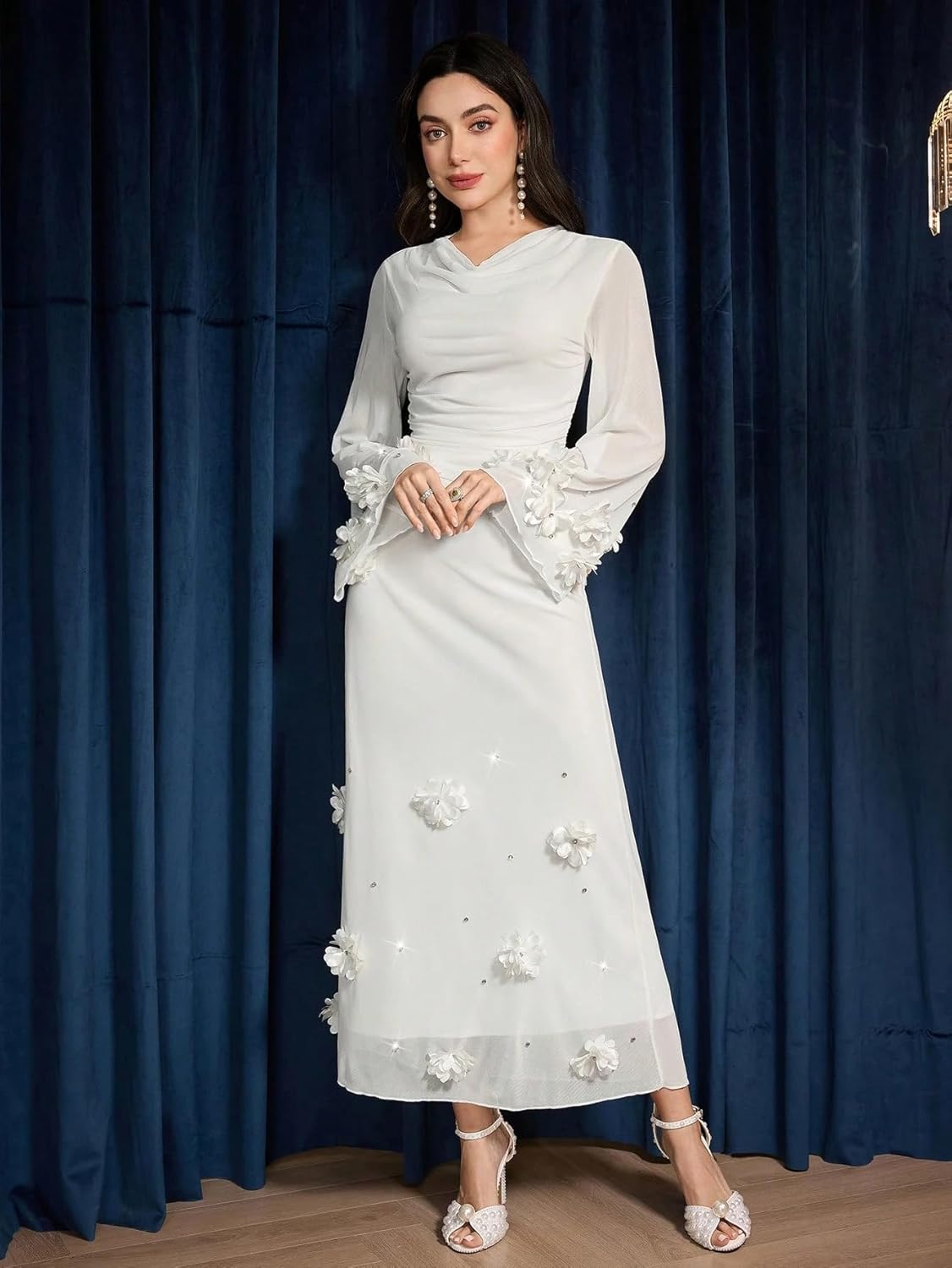 Women's Long Sleeve Floral Maxi Dress Fashion Bodycon Mesh Wedding v-Neck Pleated Guest Cocktail Dress