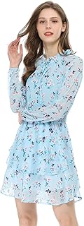 Women's Mini Floral Tie Neck Smocked Waist Layered Chiffon Dress