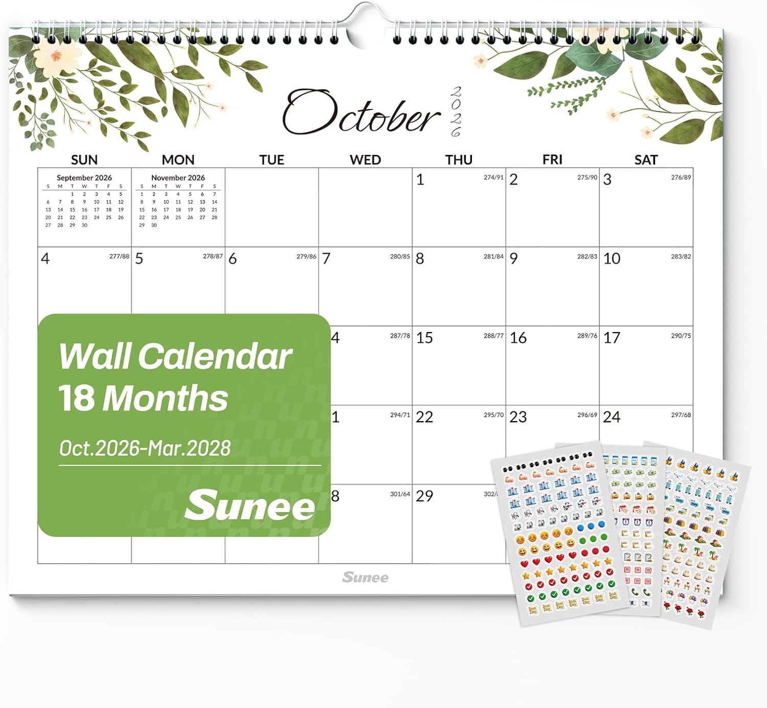 SUNEE Wall Calendar 2027, 18 Months Oct. 2026 - Mar. 2028, 14.5" x 11.5" Monthly Hanging Calendar with Countdown Box & Previous and Next Month Mini Calendars, Bonus 3 Stickers, Premium Thick Paper for Home & Office Planning, Greenery