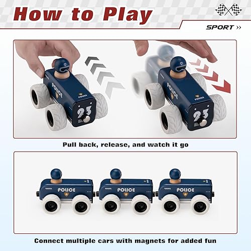 Miniatura 9 de BTB - Coche de madera para tirar hacia atrás, camión de bomberos de juguete, juguete de madera Montessori, auto de juguete clásico retro vintage de