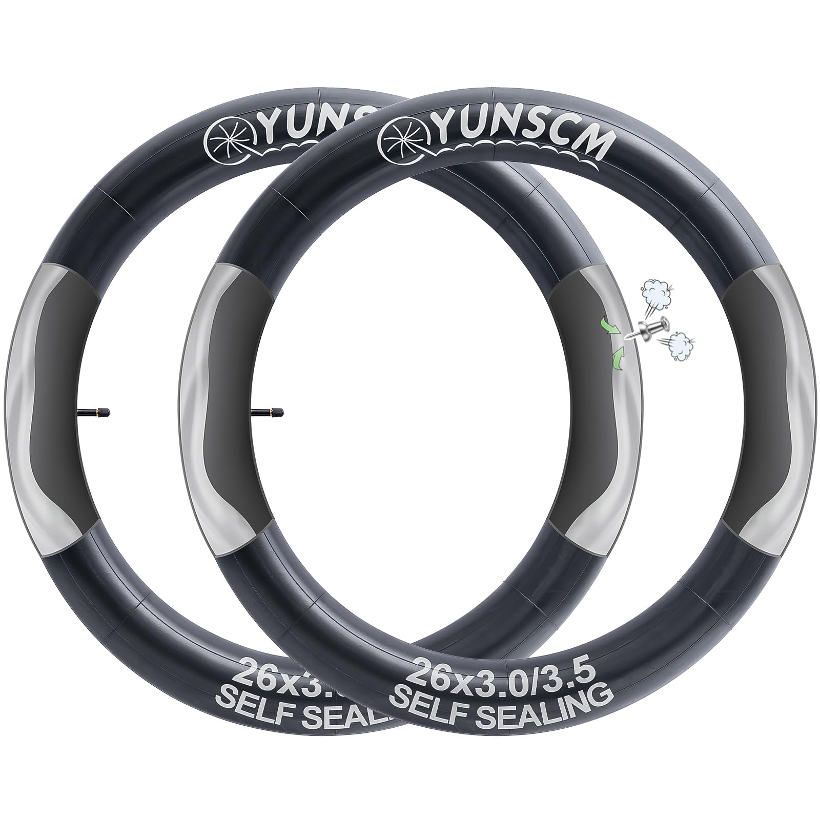 YUNSCM 2-PCS 26x3.0 Self-Sealing Fat Bike Tubes 26 x 3.0/3.5 AV32mm (76/89-559) Super Automatic Repair, Puncture Resistant Compatible with 26X3 26X3.50 E-Bike Bicycle Tire Tubes Schrader Valve