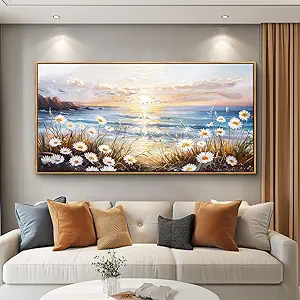 PHAOHUAXM Large Wall Art For Living Room Canvas Wall Decor For Office Bedroom Decorations Blue Ocean Landscape Wall Pictures Artwork Modern Beach Posters Aesthetic Home Decor Wood Framed 24"x48"