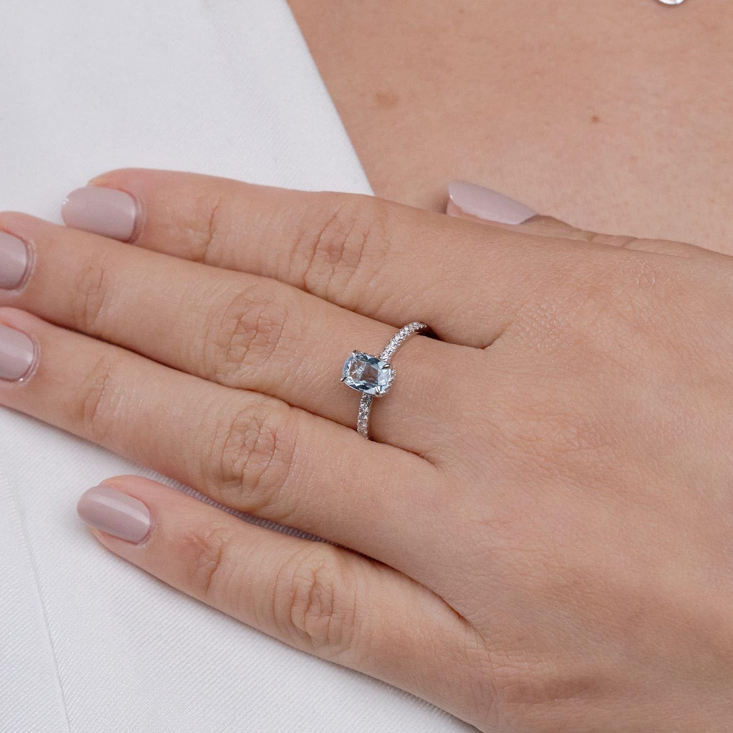 Angara Natural Aquamarine Engagement Ring for Women | Cushion Aquamarine Diamond Side Stone Ring in 14K Solid Gold | March Birthday, Gemstone Jewellery Gift