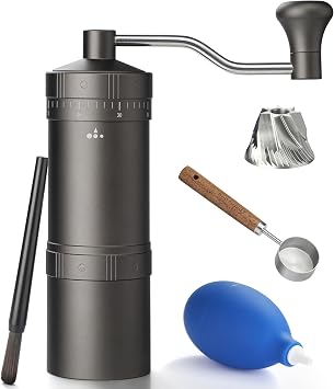 Manual Coffee Grinder with 7 Star Stainless Steel Conical Burr, Portable Coffee Grinder with External Adjustable Grind Setting Grey