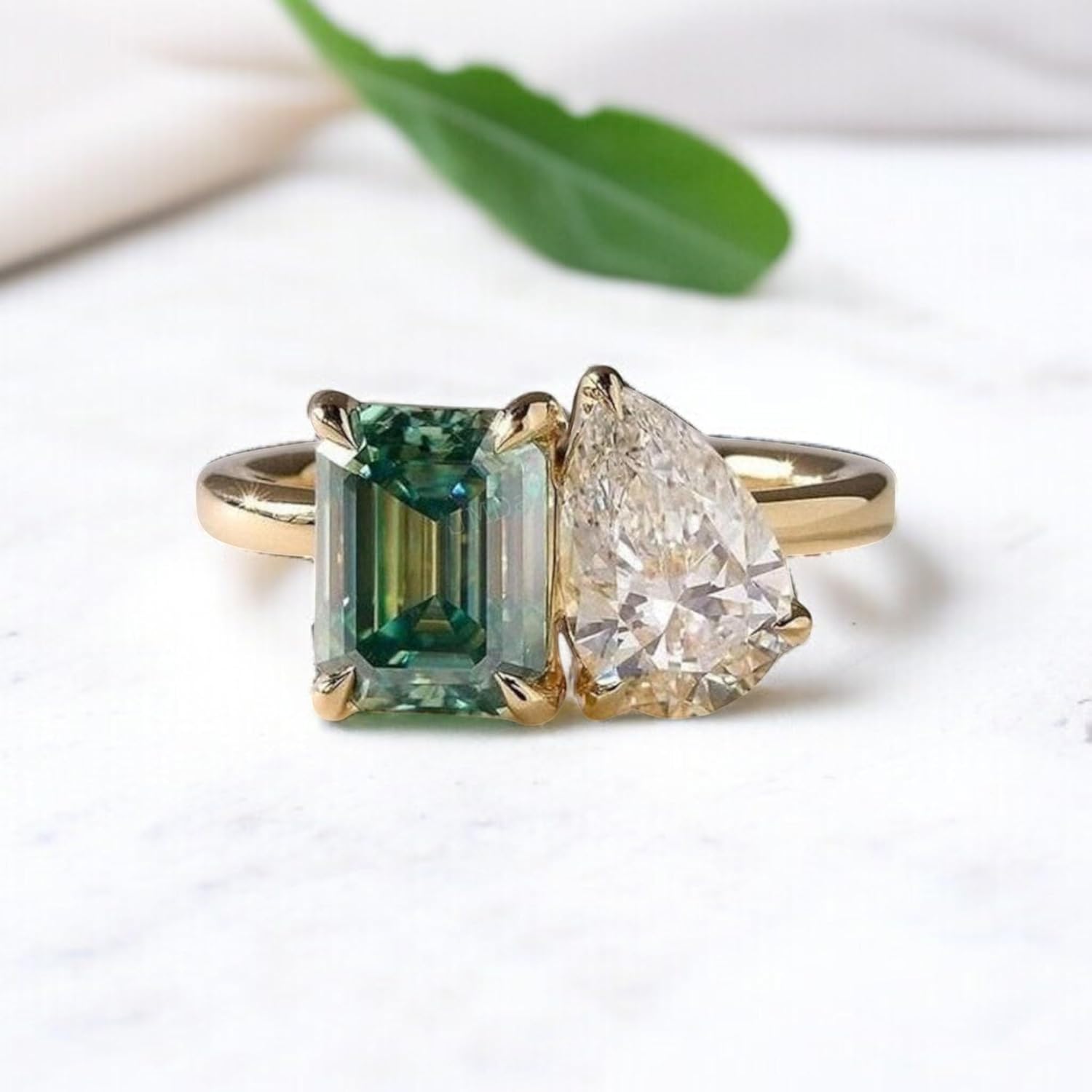 Luxury Two-Stone Engagement Ring Green Moissanite Octagon and Pear Cut 14K Yellow Gold plated Silver Ring Christmas Gift