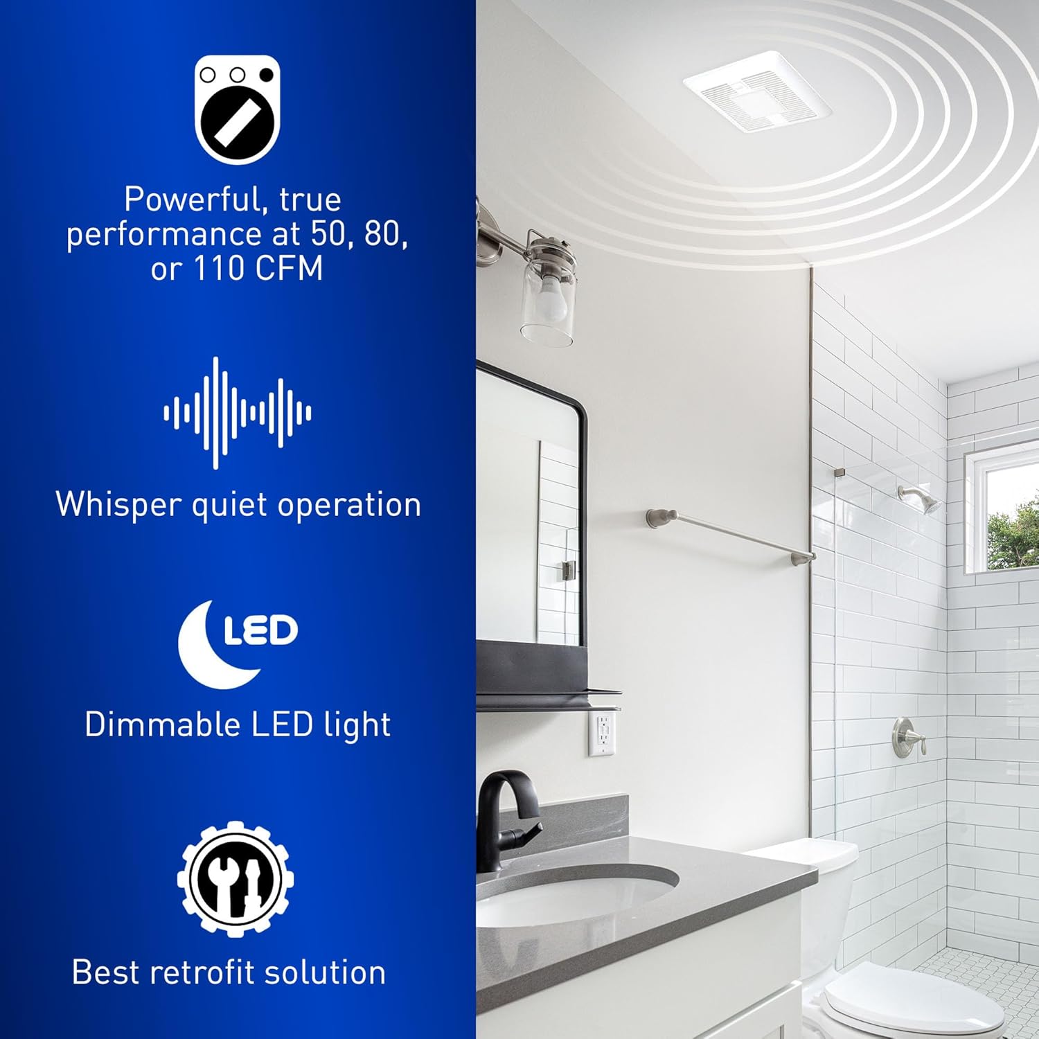 Panasonic WhisperFit Ceiling Mount Bathroom Exhaust Fan with Dimmable LED Light, 50-80-110 CFM, FV-0511VFL1
