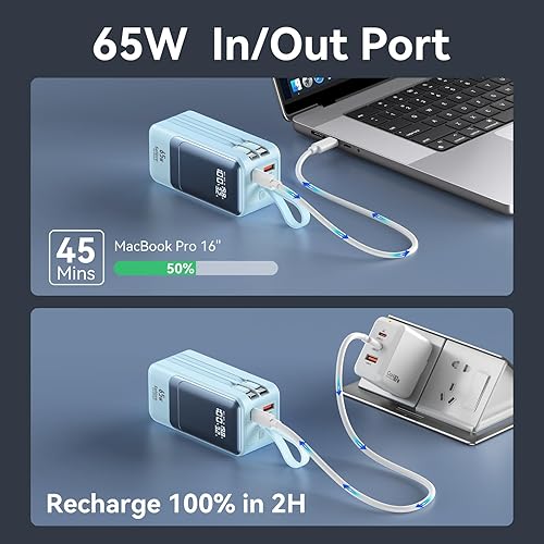 Miniatura 3 de Cargador portátil de carga rápida, 18400 mAh, 65 W, pantalla LED, batería esencial de viaje con cables USB-C y Lightning integrados para iPhone