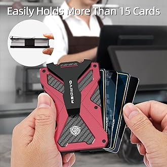Minimalist Wallet for Men- Slim Aluminum Metal Money Clip Wallet with Clear ID Card Holder, Carbon Fiber Wallet, RFID Blocking,Holds up 15 Cards with Cash Clip,Ultra-Thin Tactical Wallet- Red, Red