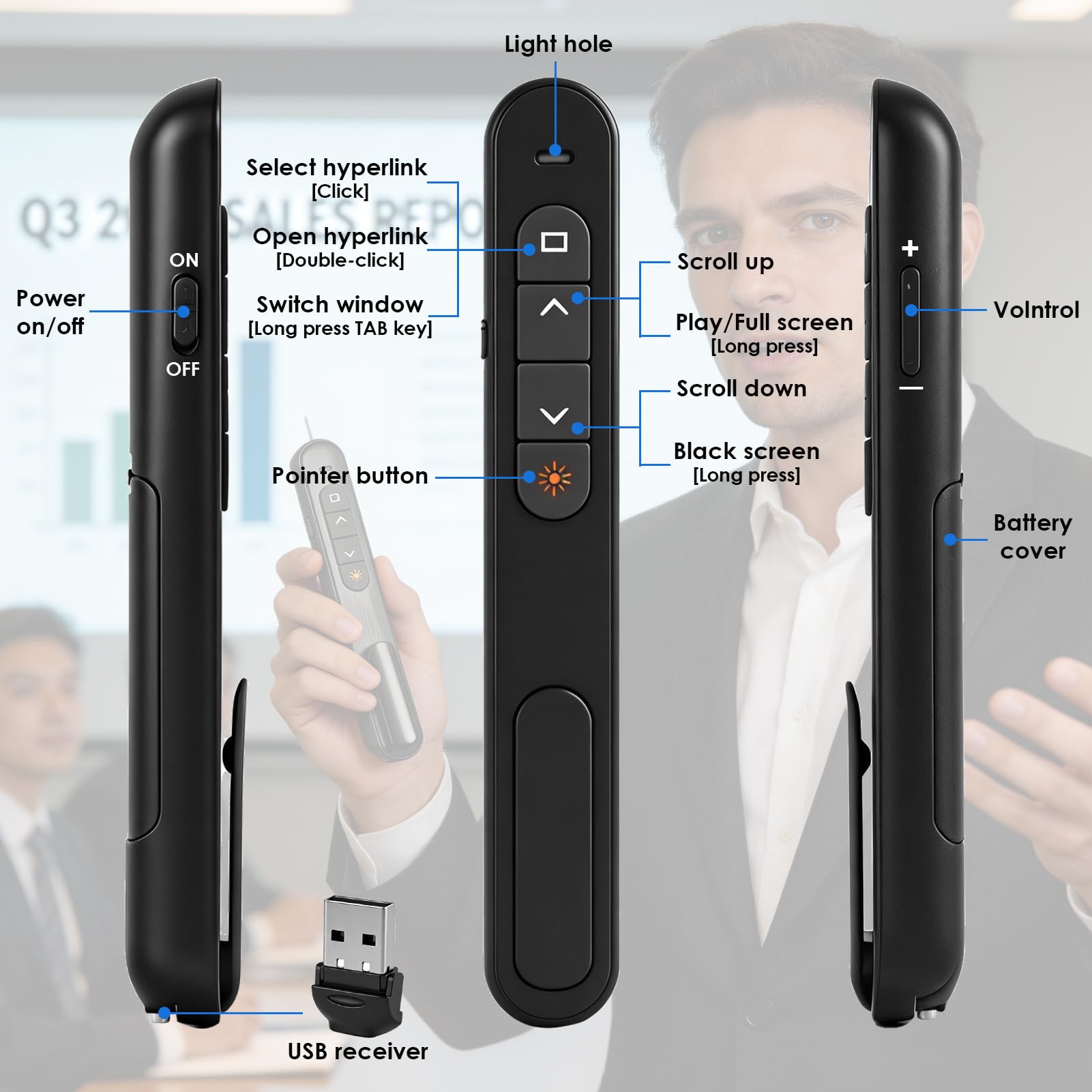 Télécommande de Présentation sans Fil 2-en-1 USB-C & USB-A, Pointeur PowerPoint 2,4 GHz avec Contrôle du Volume et Hyperliens