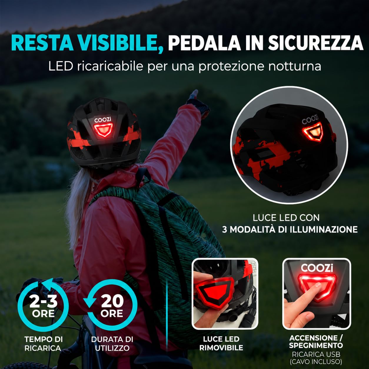Casco da bici con luce LED ricaricabile tramite USB, leggero, ammortizzante e regolabile, per ragazzi e adulti, per mountain bike, strada e skate (54-58 cm)