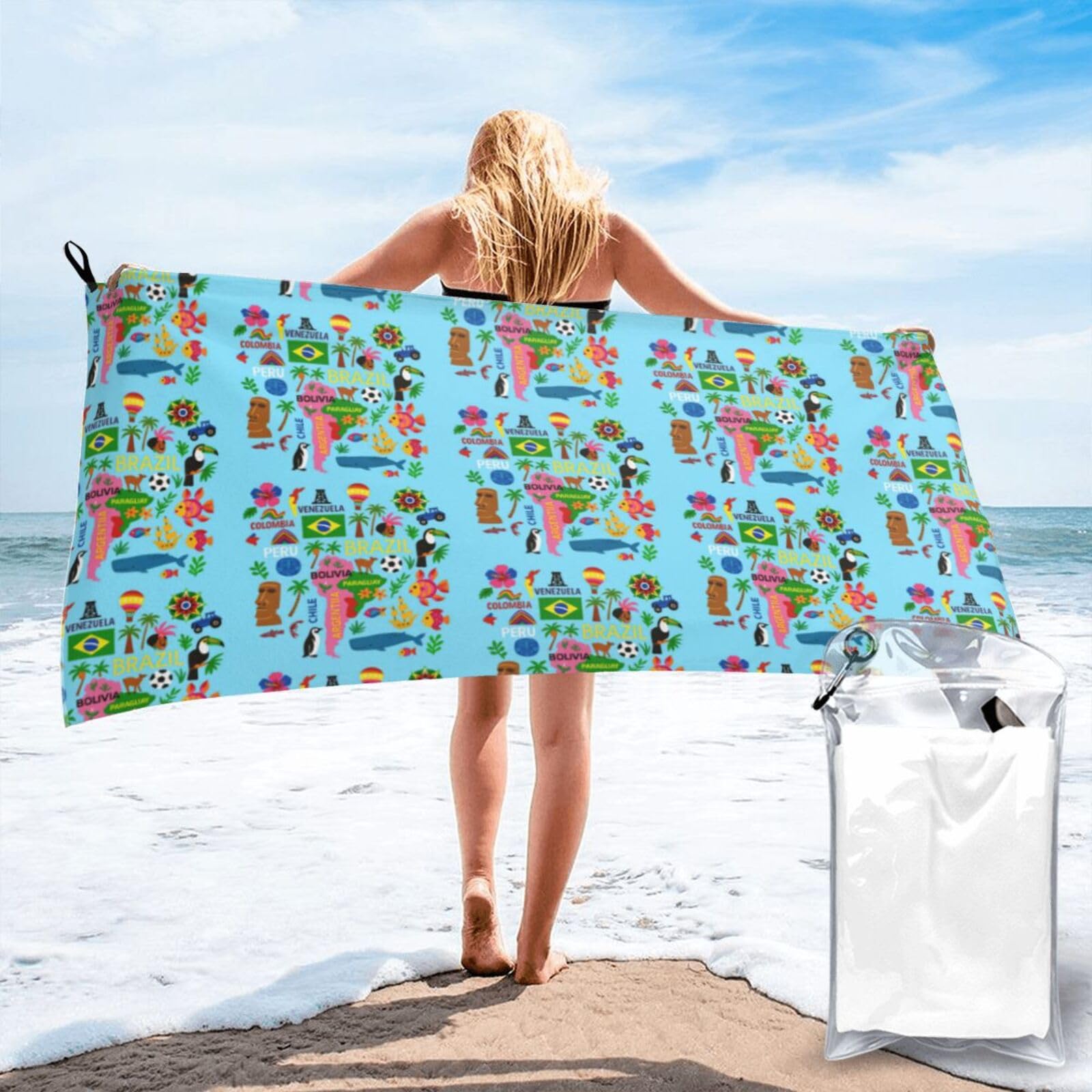 FHIZOAL South America Map With Icons Quick Dry Towel Microfibre Towel Super Absorbent Ultra Compact Gym Sports Beach Camping Travel
