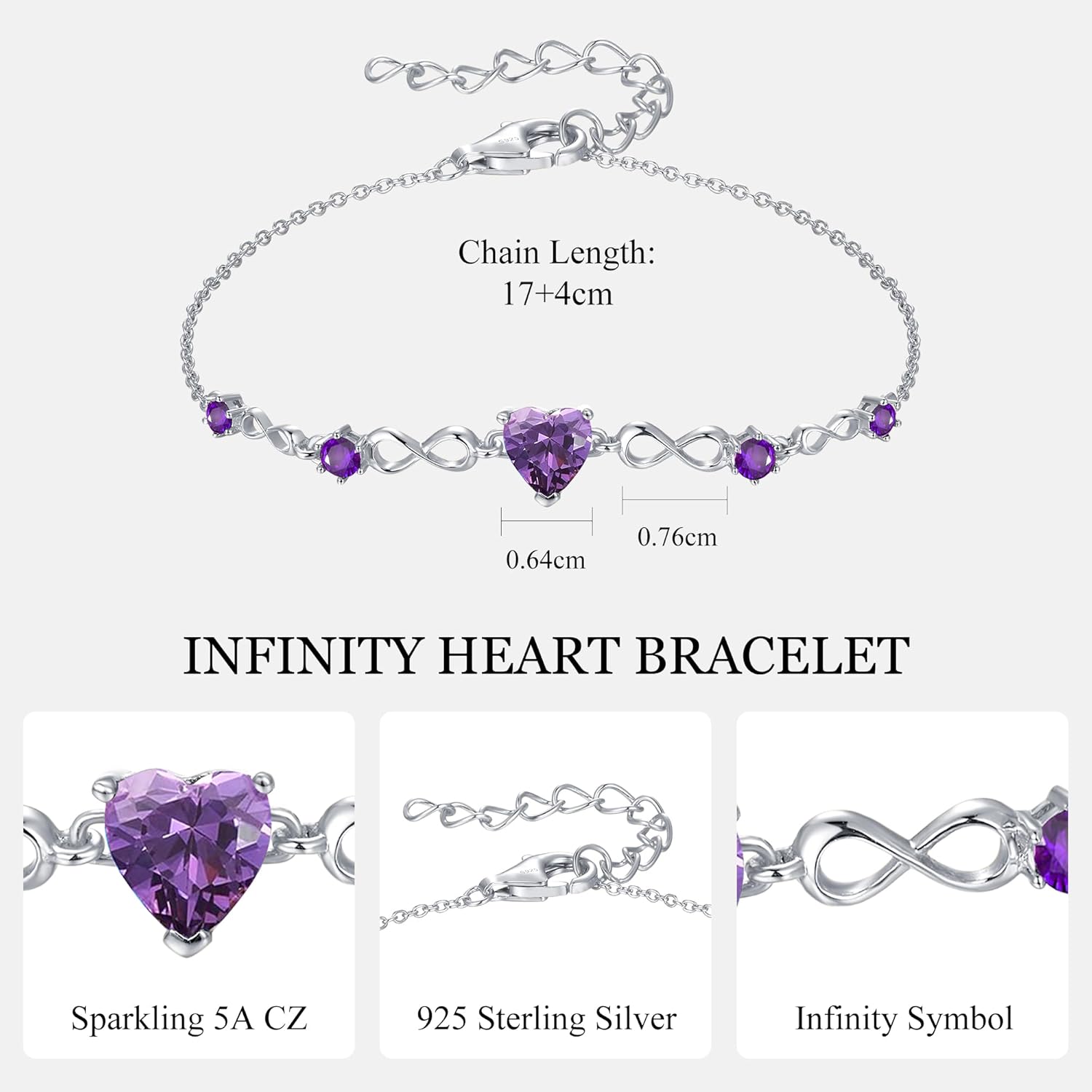 Infinity Heart Birthstone Bracelets for Women, 925 Sterling Silver Women Charm Link... - Image 4