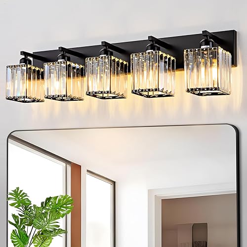 Accesorios de iluminación de baño de cristal negro, 5 luces modernas de cristal para tocador de baño, lámparas de pared para baño