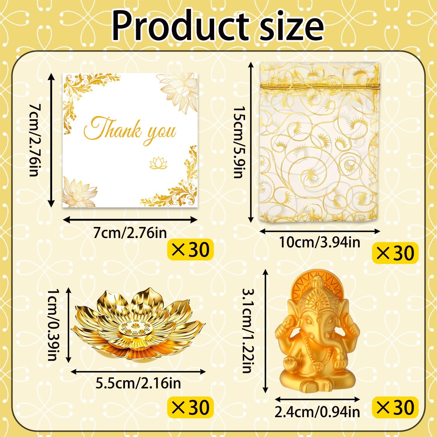 120 Pack Diwali Gifts Bulk with 30 Lotus Incense Holders, 30 Mini Golden Ganesha Ornaments, Organza Bags & Thank You Cards – Indian Return Gifts for Pooja, Festivals & Celebrations (Golden Set)