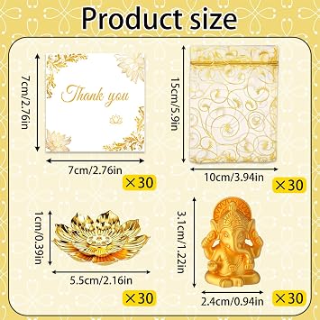 120 Pack Diwali Gifts Bulk with 30 Lotus Incense Holders, 30 Mini Golden Ganesha Ornaments, Organza Bags & Thank You Cards Indian Return Gifts for Pooja, Festivals & Celebrations (Golden Set) (30)