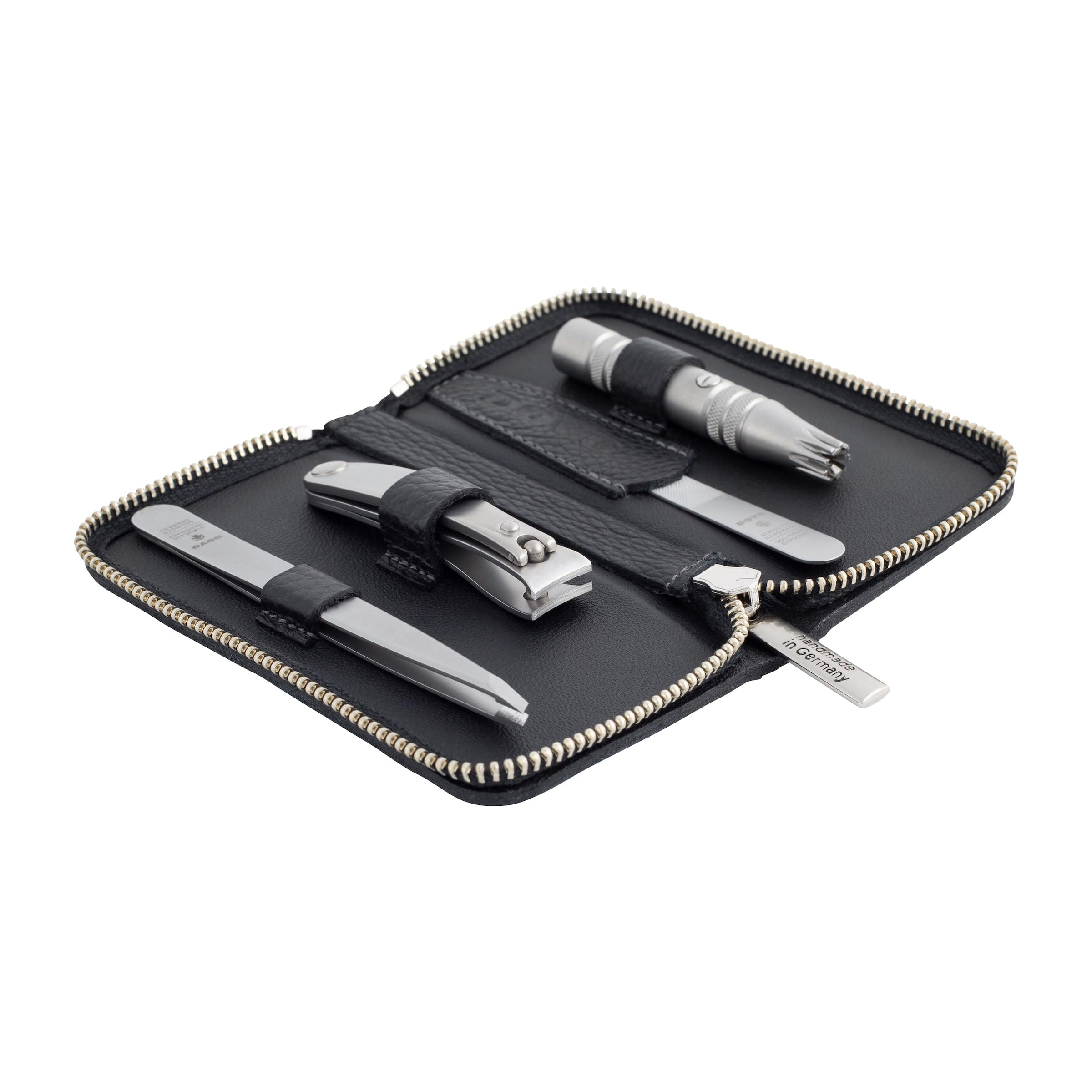 DOVO Set 4 - Luxus Pflegeset mit Nagelschere, Klipette Nasenhaarschneider, Pinzette und Nagelfeile im Lederetui