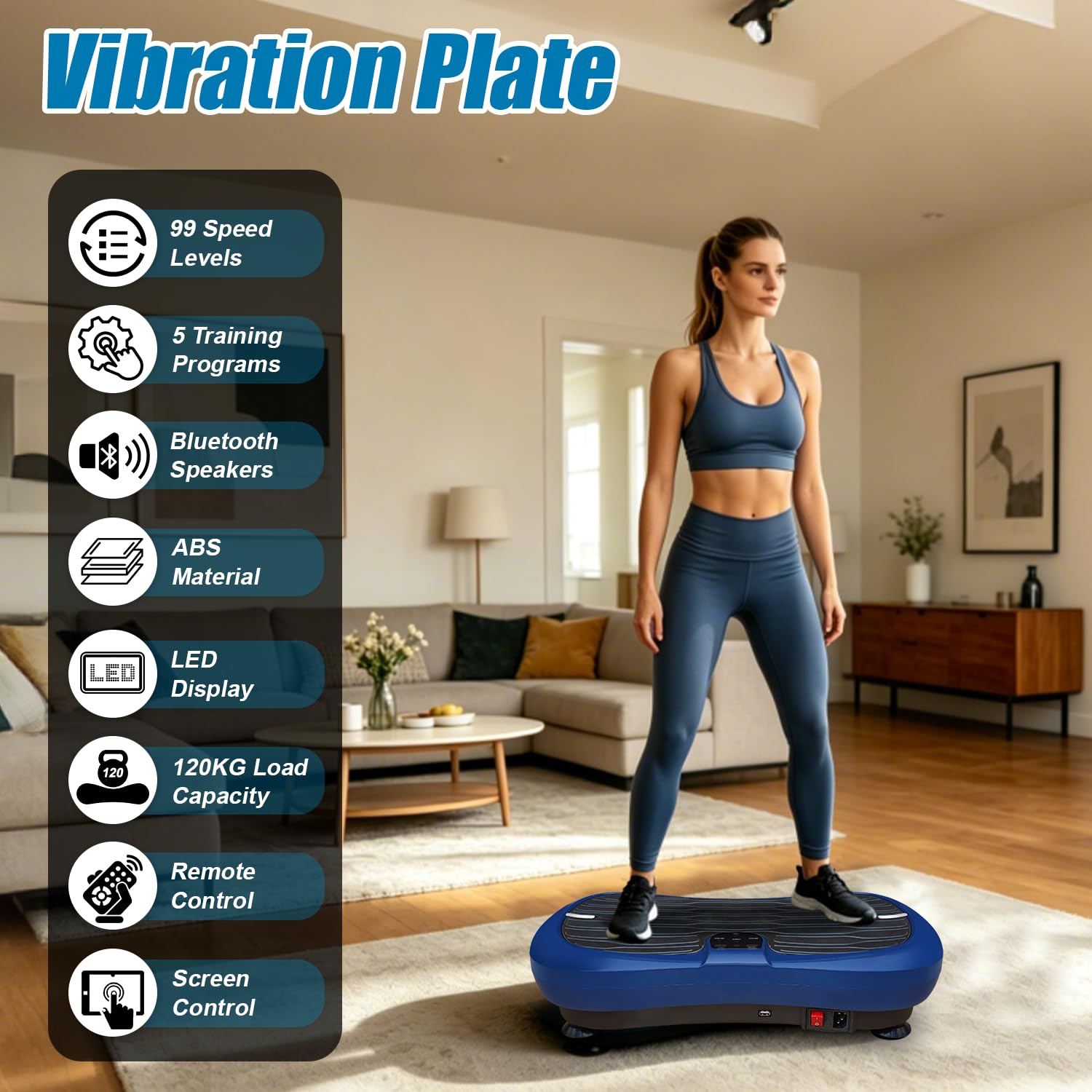 Vibrationsplatte - Rüttelplatte Sport für Zuhause - 99 Intensitätsstufen - 5 Trainingsprogramme - Vibrationsboard für Ganzkörpertraining, Muskelaufbau, Bluetooth Lautsprecher, 120KG Tragkraft