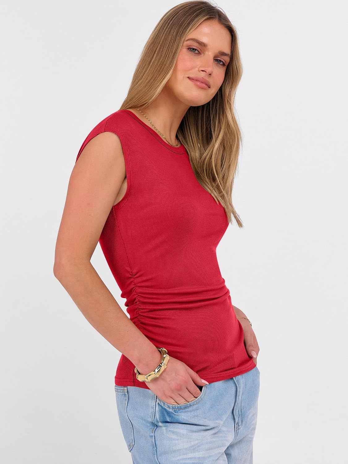 ANRABESS Womens Tops Cap Sleeve Crewneck Shirts Casual Ribbed Knit Slim Fit Ruched Summer Basic Tee Tank 2026 Trendy Clothes - Image 3