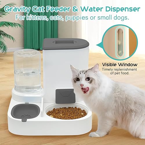 Vista 21 de Fhiny Comedero de gravedad para gatos y dispensador de agua, 2 en 1, bebedero automático para mascotas, juego de cuencos de comida de acero Cuenco