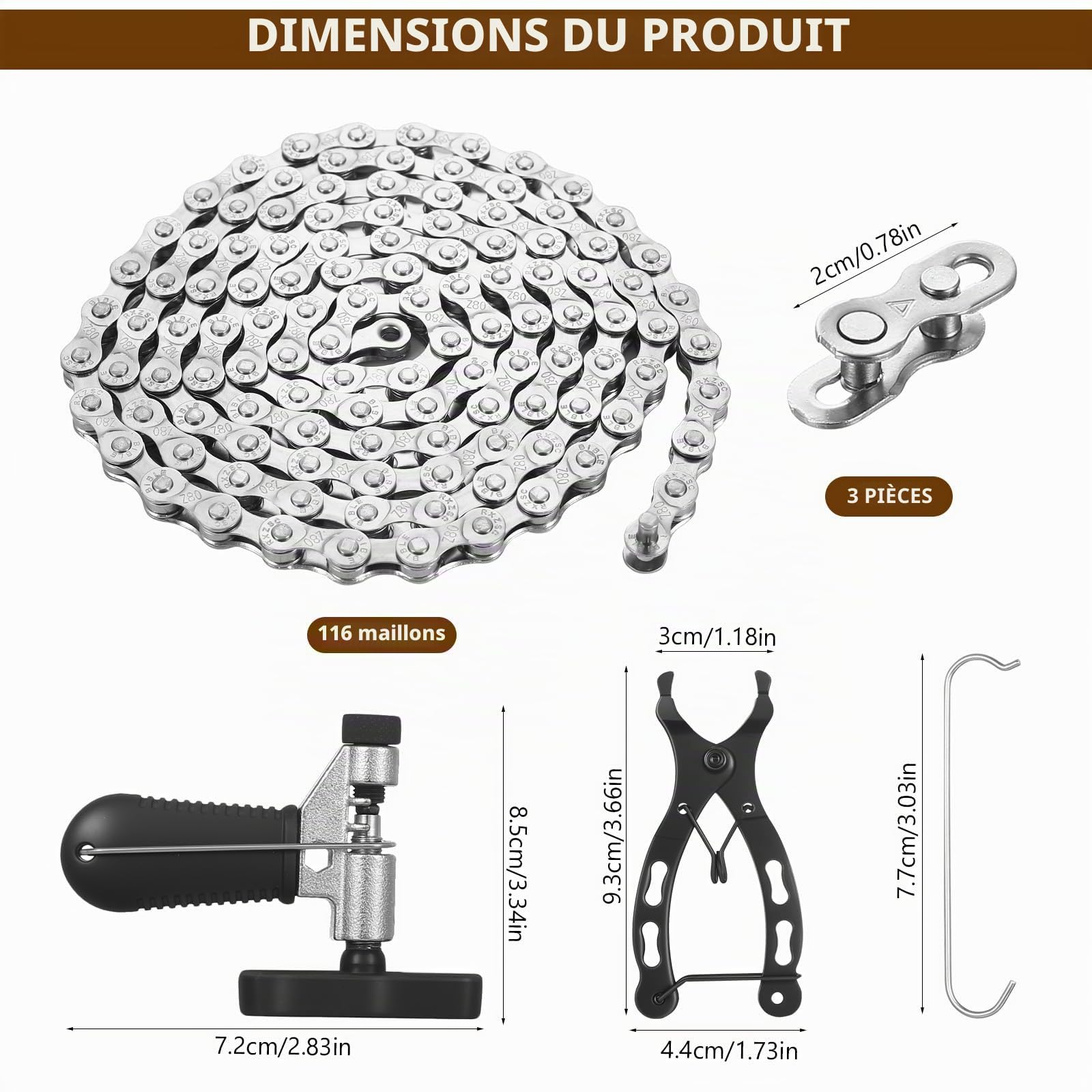 Chaîne de vélo, chaînes 6/7/8 vitesses, chaîne 1/2 x 3/32 pouce pour VTT et vélo de route, avec pince/briseur de chaîne pour vélo, 4 paires de verrous pour chaînes VTT