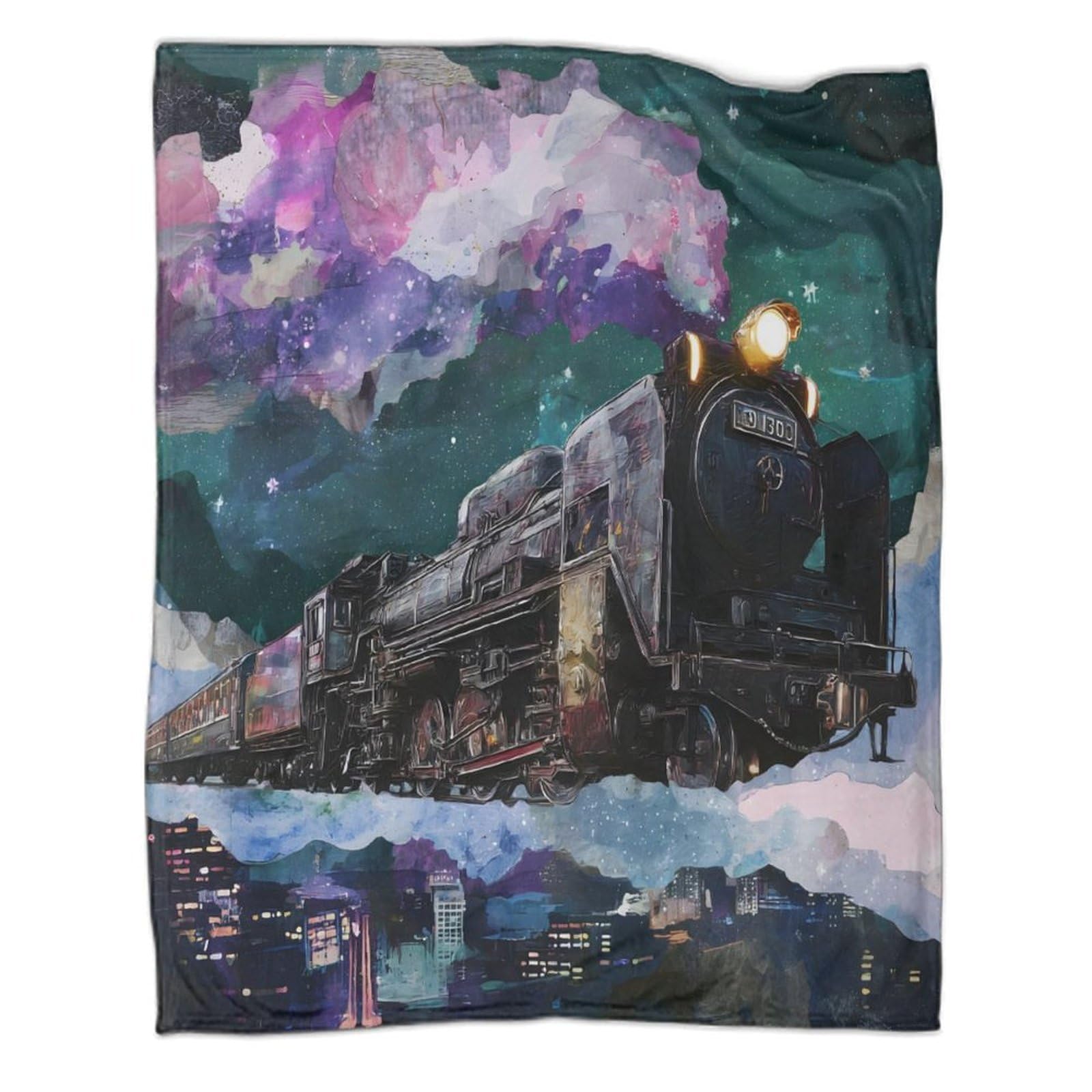 3D Gedruckte Sci-Fi Weltraum Galaxie Illustration Flanelldecke, Fliegende Dampflokomotive Weicher Plüsch Deko Decke Für Couch, 80x90inch(200x230cm)