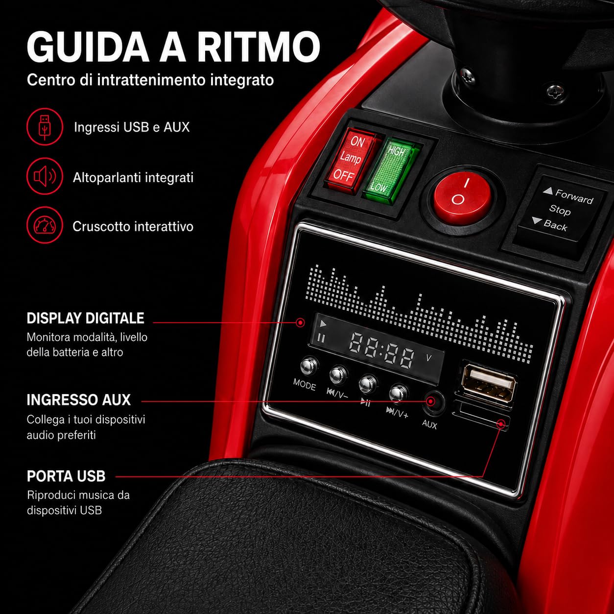 TOYSCAR Quad Elettrico per Bambini 12V Falcon X, Quad Bambini 3-5 Anni, 2 Motori 35W, Telecomando, Sedile in Pelle, Fari LED, MP3 USB, Ruote off-Road (Rossa)