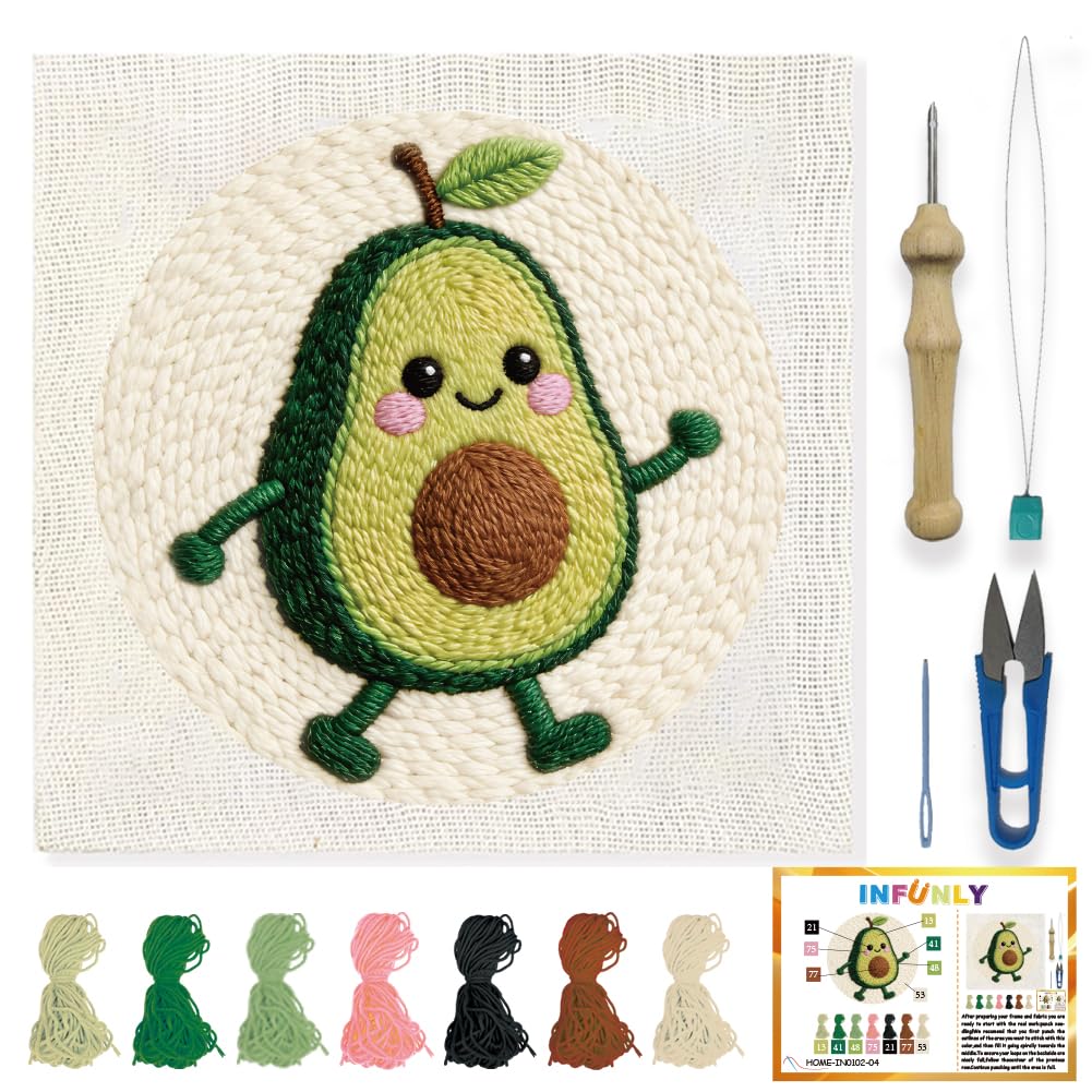 INFUNLY Avocado Punch Needle Embroidery Kit 7.9 Inch Round Punch Needle Craft kit Running Fruit DIY Punch Embroidery Kits Cartoon Avocado Needlepoint Starter Kits for DIY Craft Lovers Gift Home Decor