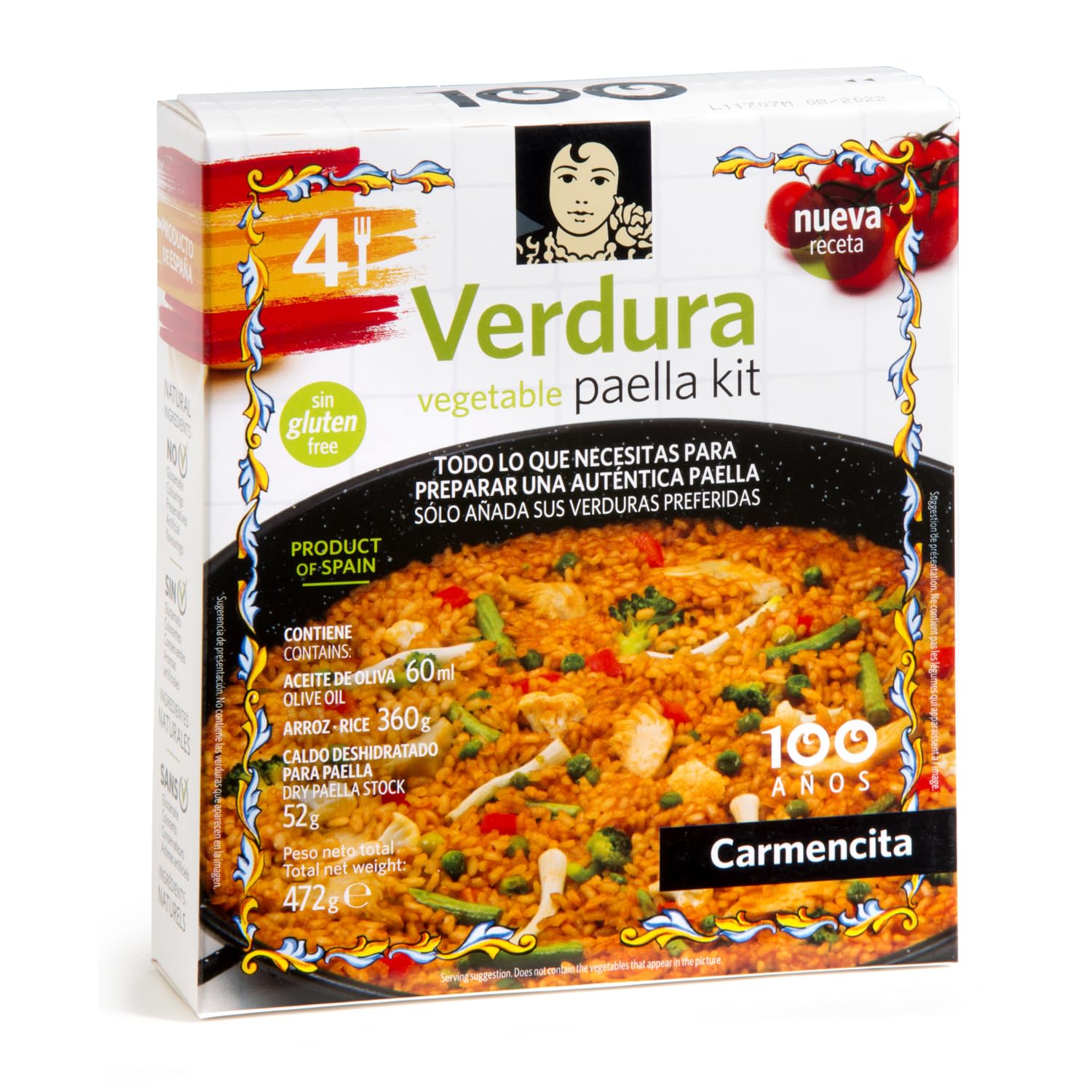 Carmencita - Paella Kit Verduras, Paellera 26 cm | Preparado para paella | Incluye Paellera e ingredientes paella de verduras, SIN GLUTEN | 4 Raciones | Incluye paellera apta para todos los fuegos