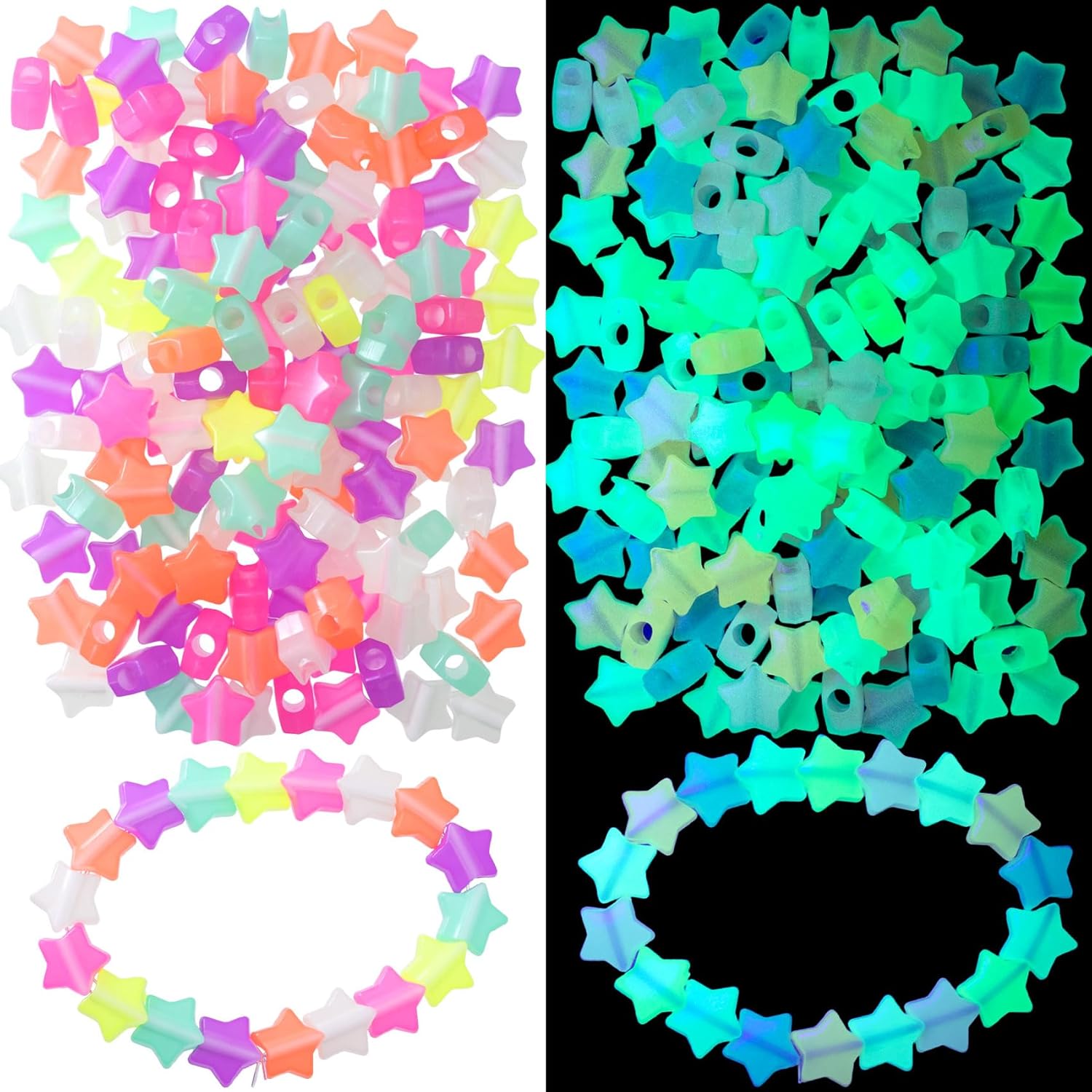 200PCS Glow in The Dark Star Beads, Colorful Star Shape Loose Spacer Beads for Bracelets, Cute Glowing Stars for Jewelry Making, Necklace, Keychains, Earrings