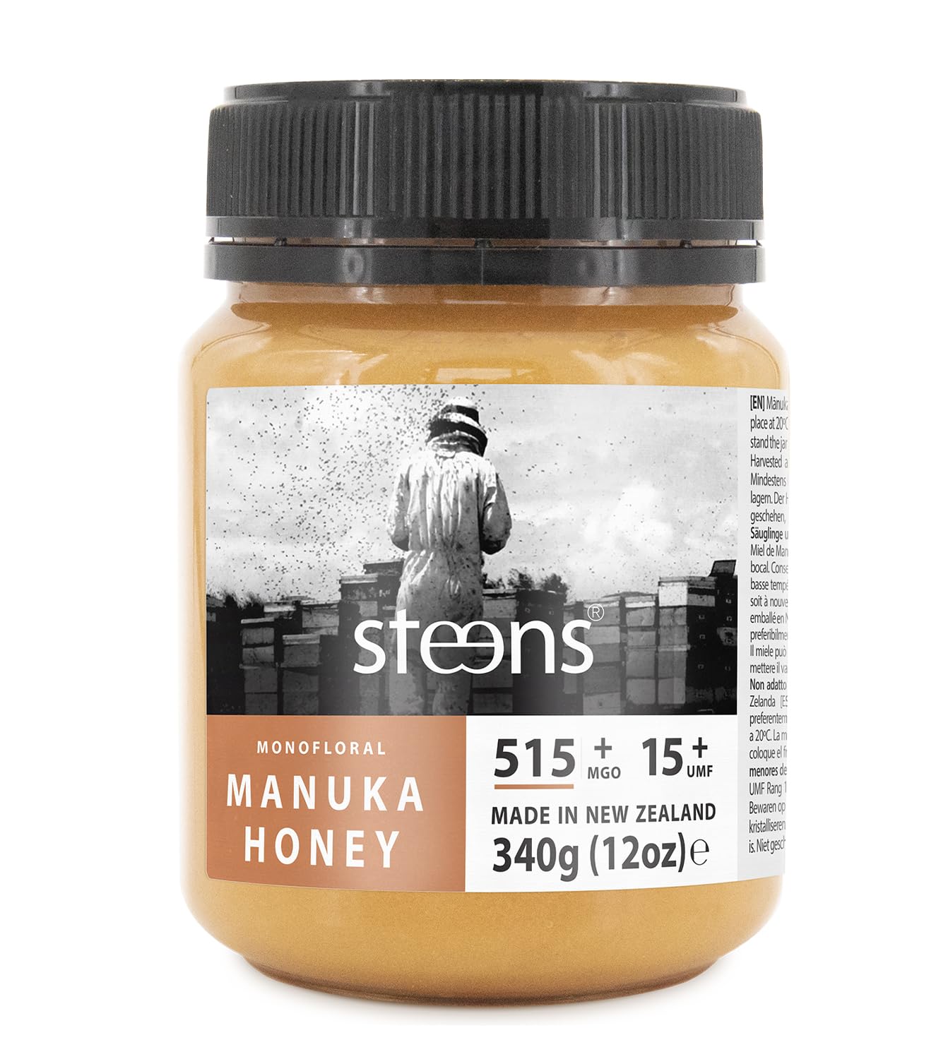 Miel de Manuka Steens MGO 515+ - 340 g de miel de Manuka 100% pura y cruda, certificada UMF 15+ - envasada y sellada en Nueva Zelanda