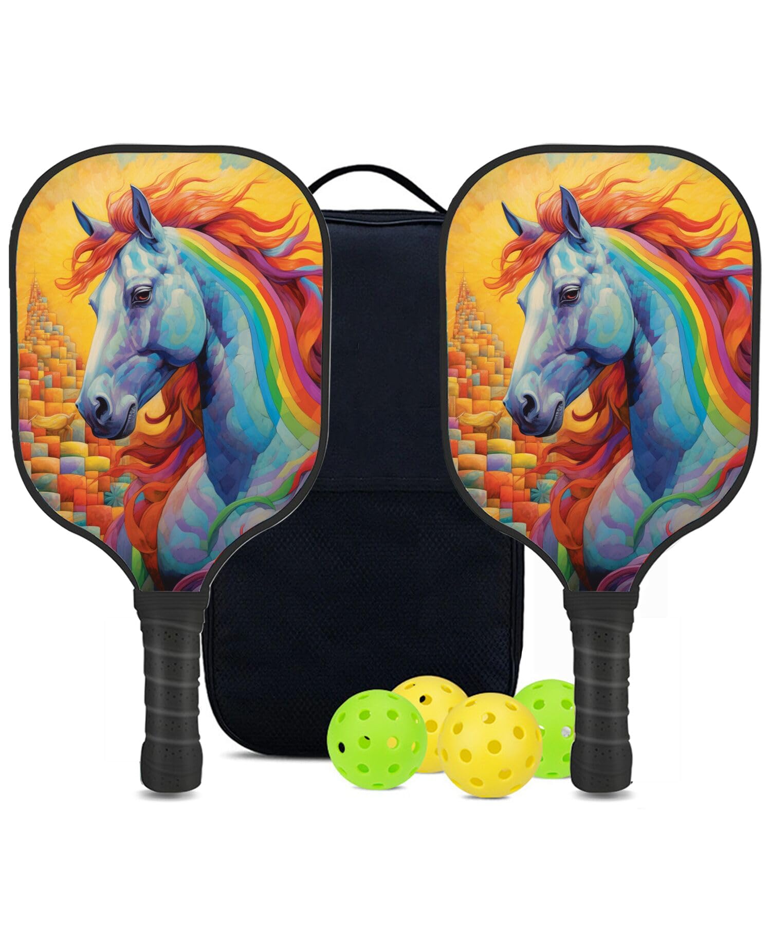 SHENCANG BLUE Custom Pickleball Paddles Set with 2 Pickleball Rackets 4 Pickle Balls 1 Carry Bag, Horse-BN249 Pattern, Carbon Fiber,Honeycomb Polymer Core & Comfort Grip