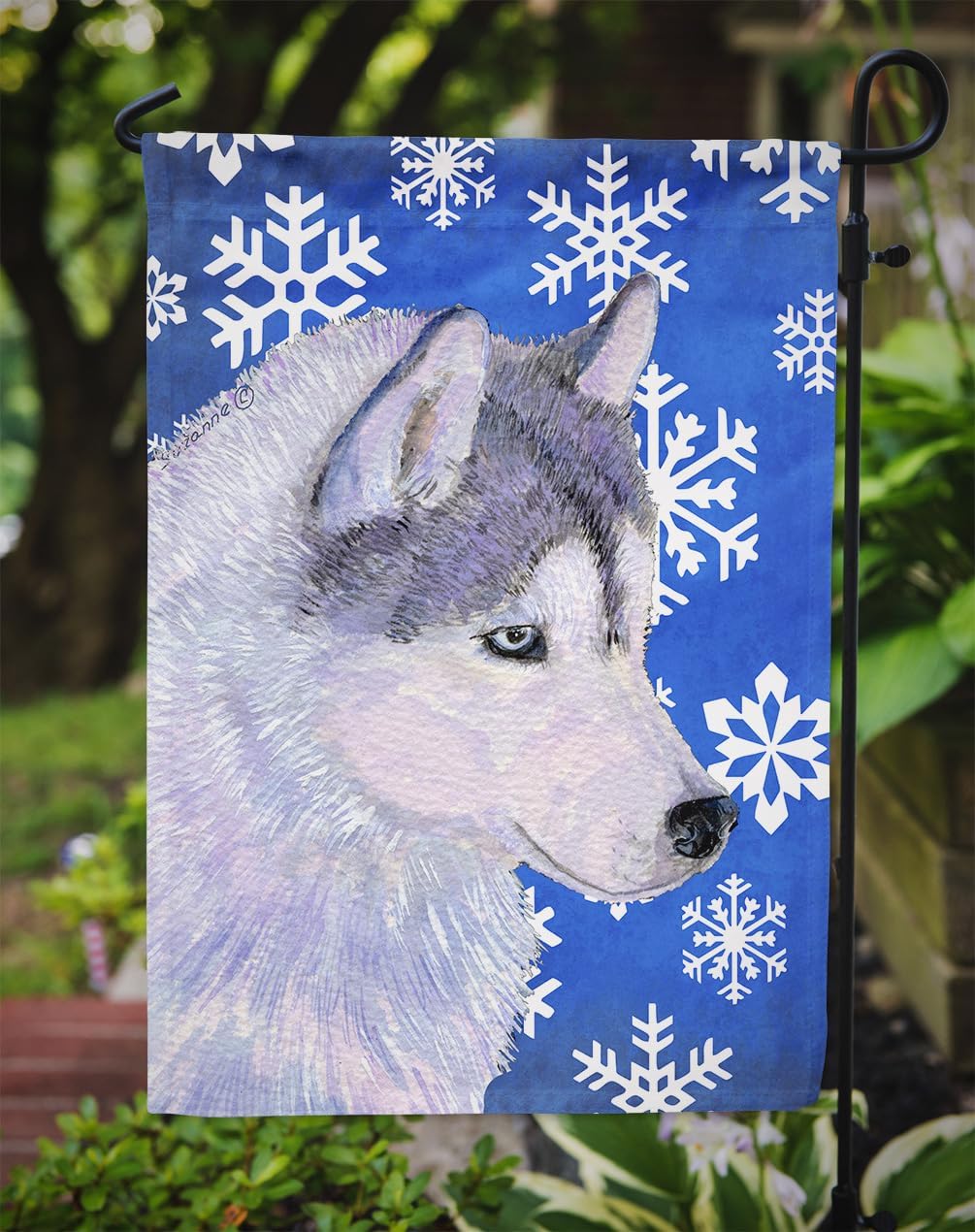 Caroline's Treasures SS4602GF Siberian Husky Winter Snowflakes Holiday Garden Flag Mailbox Flag Decorative Yard Flag Banner Outside Patio Artwork Yard Flower Beds, Garden Size, Multicolor