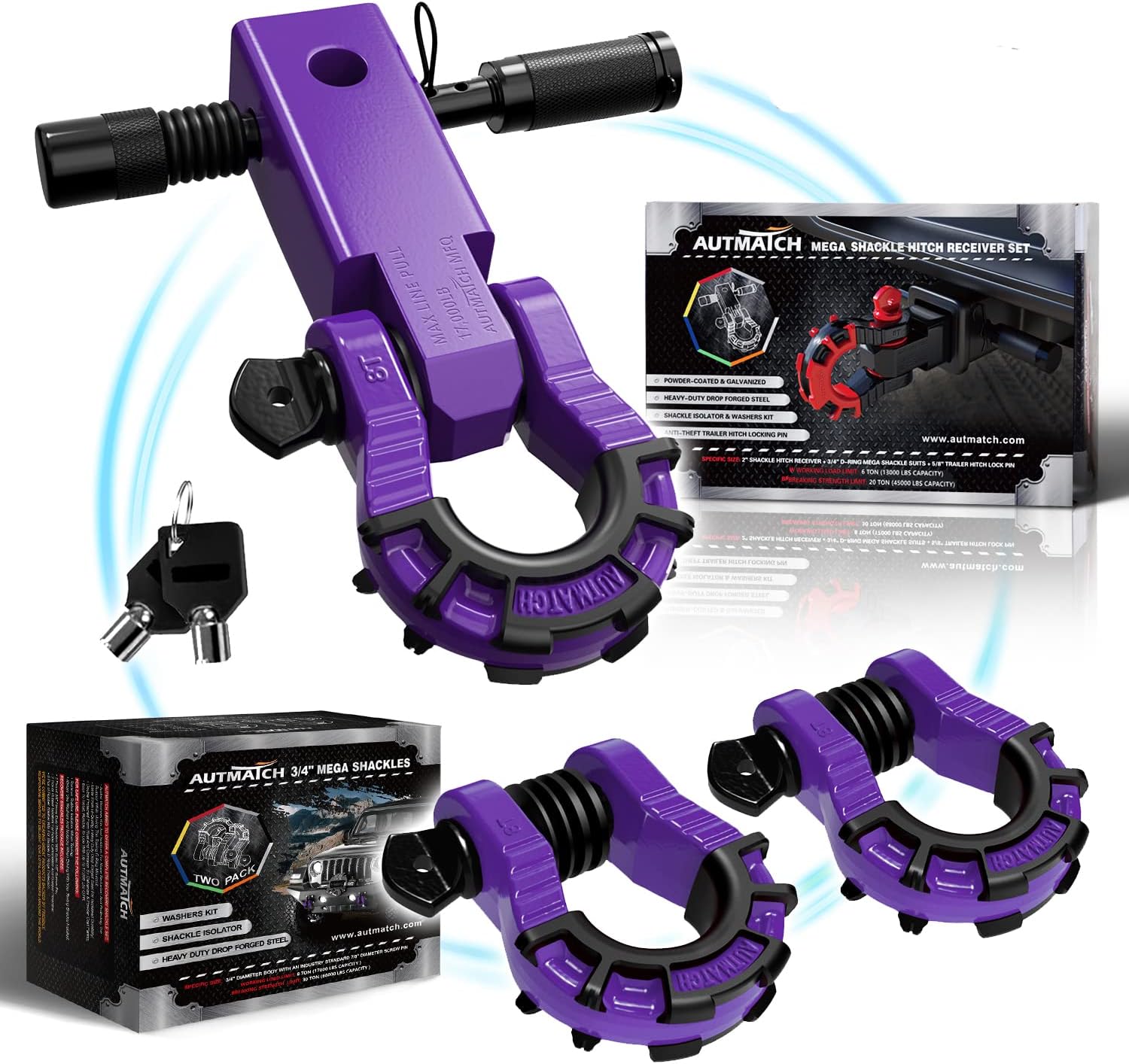 AUTMATCH Mega Shackles 3/4 D Ring Shackle and 2" Shackle Hitch Receiver with 5/8" Trailer Hitch Lock Pin, 68,000 Lbs Break Strength Heavy Duty Receiver Kit for Vehicle, Purple