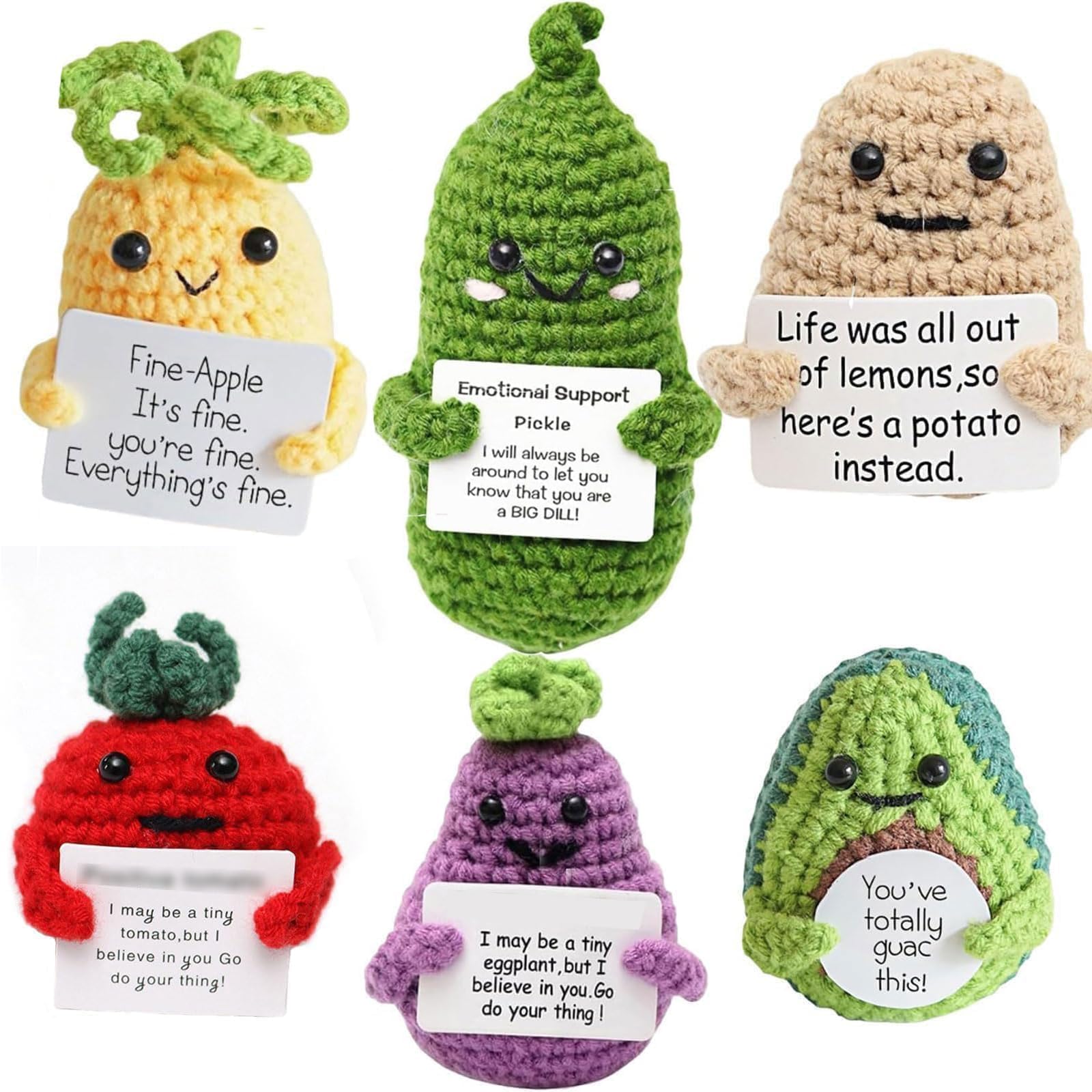 6PCS Positive Crochet Animals, Emotional Support Gift Set with Six Handcrafted Plant Designs, Companions for Stressful Moments and Workspace Decoration