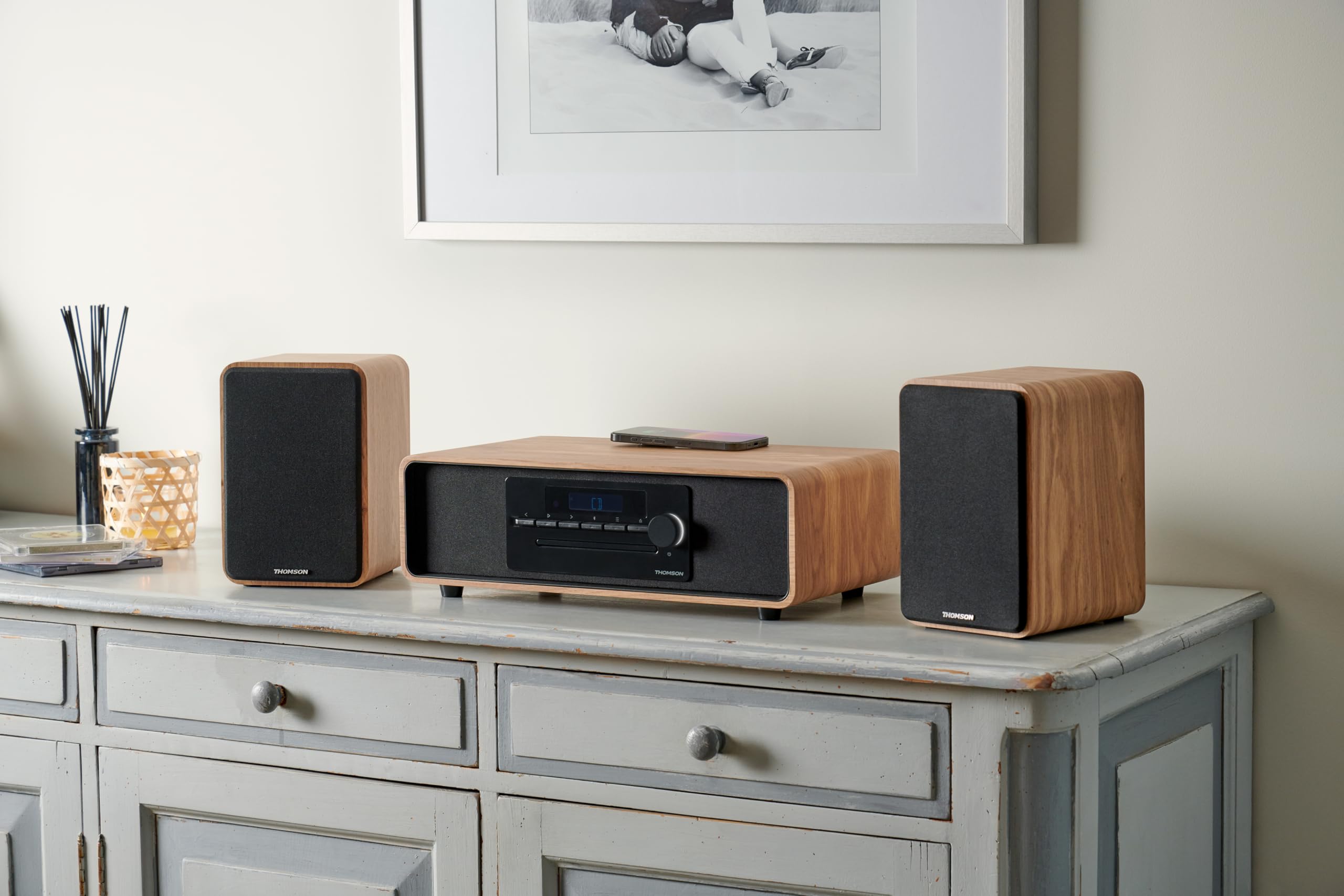 THOMSON WS602DUO - Ensemble de 2 enceintes avec caisson en bois - 100W - Bluetooth 5.0 - 2 sorties RCA - Bois clair