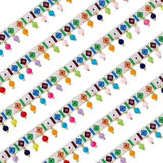 PH PandaHall 2 Yards Bohemia Tassel Fringe Trim 7/8 inch Vintage Jacquard Polyester Ribbon with Pom Pom Lace Ribbon for Sewing Crafts Home Decor Curtain Pillow Carpet Bed Supply, White