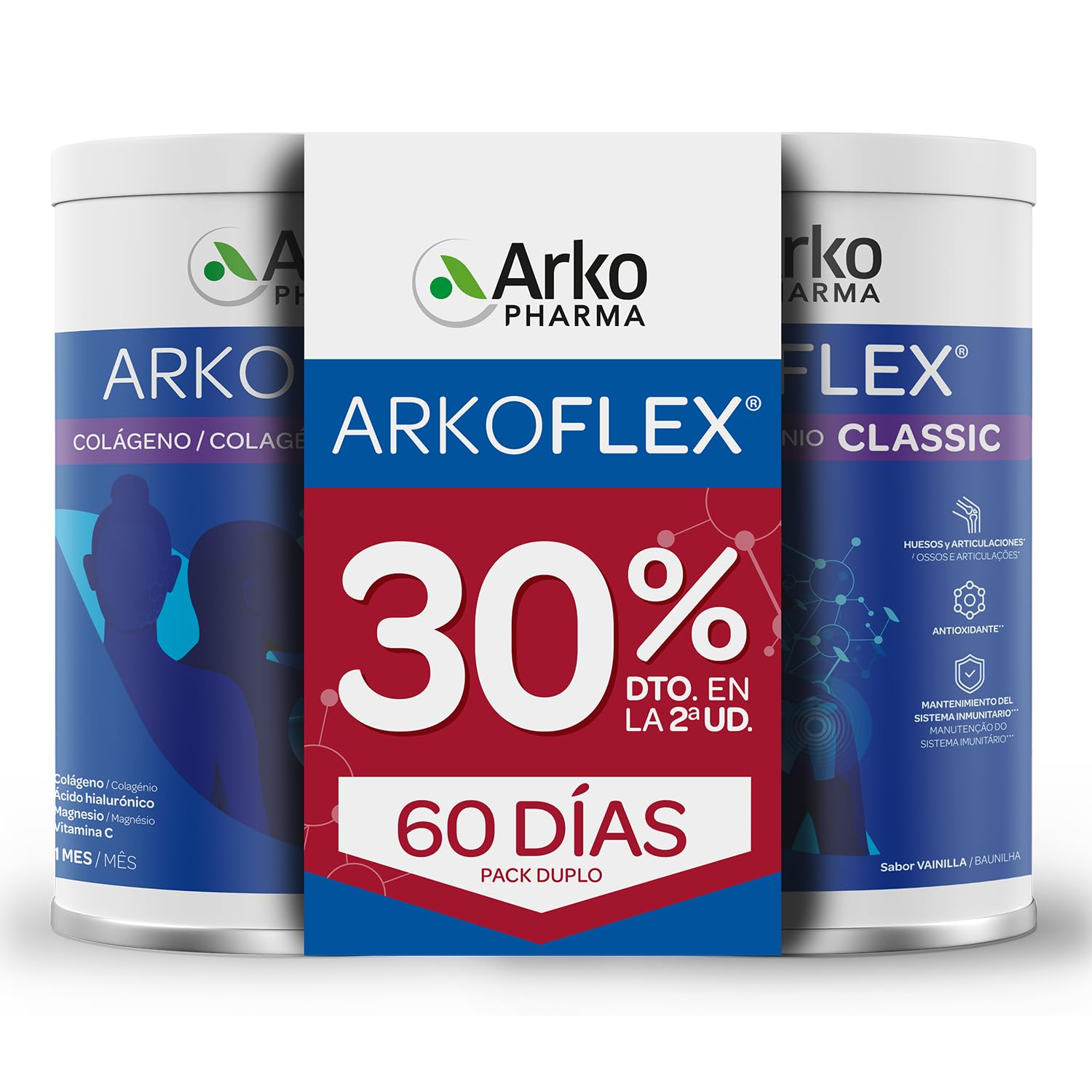 Arkopharma Arkoflex Colágeno Classic Vainilla Duplo 360+360 g, buen Funcionamiento de Huesos, Cartílagos y Piel, Ácido Hialurónico, Magnesio y Vitamina C