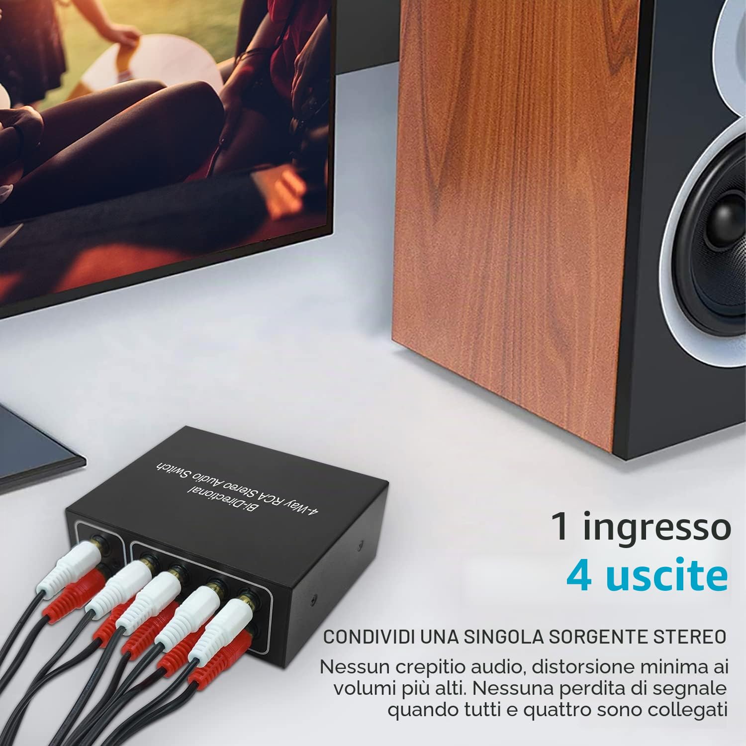 UNSTINCER RCA L/R Commutatore Audio Switch 4(1)-In-1(4)-Out, Analog Aux Interruttore Scatola, HIFI Stereo Suono Selettore Deviatore Sdoppiatore per Ampli Cuffie PC Casse Phono Altoparlanti