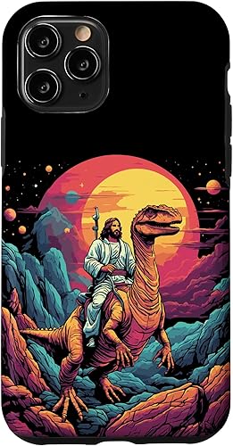 Funda para iPhone 11 Pro Jesus Riding in Space T-Rex Dinosaur Meme Sci-Fi Believers